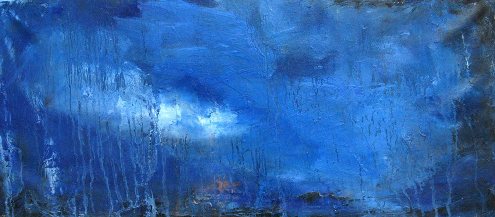 Tableau abstrait petit format bleu BLUE WATER – PASCALE JACQUEMOND – 68 × 29 cm