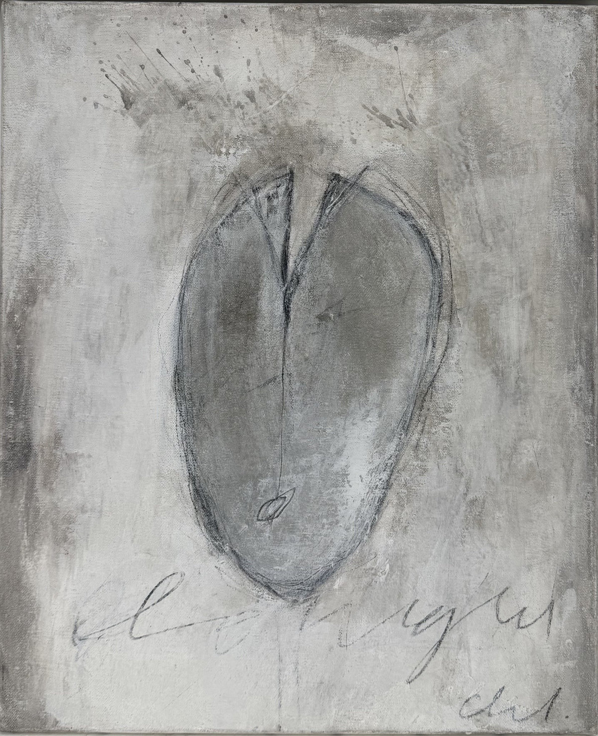Tableau abstrait en technique mixte sur toile, tons gris, petit format – L'histoire d'une fin, Chloé Mathiez