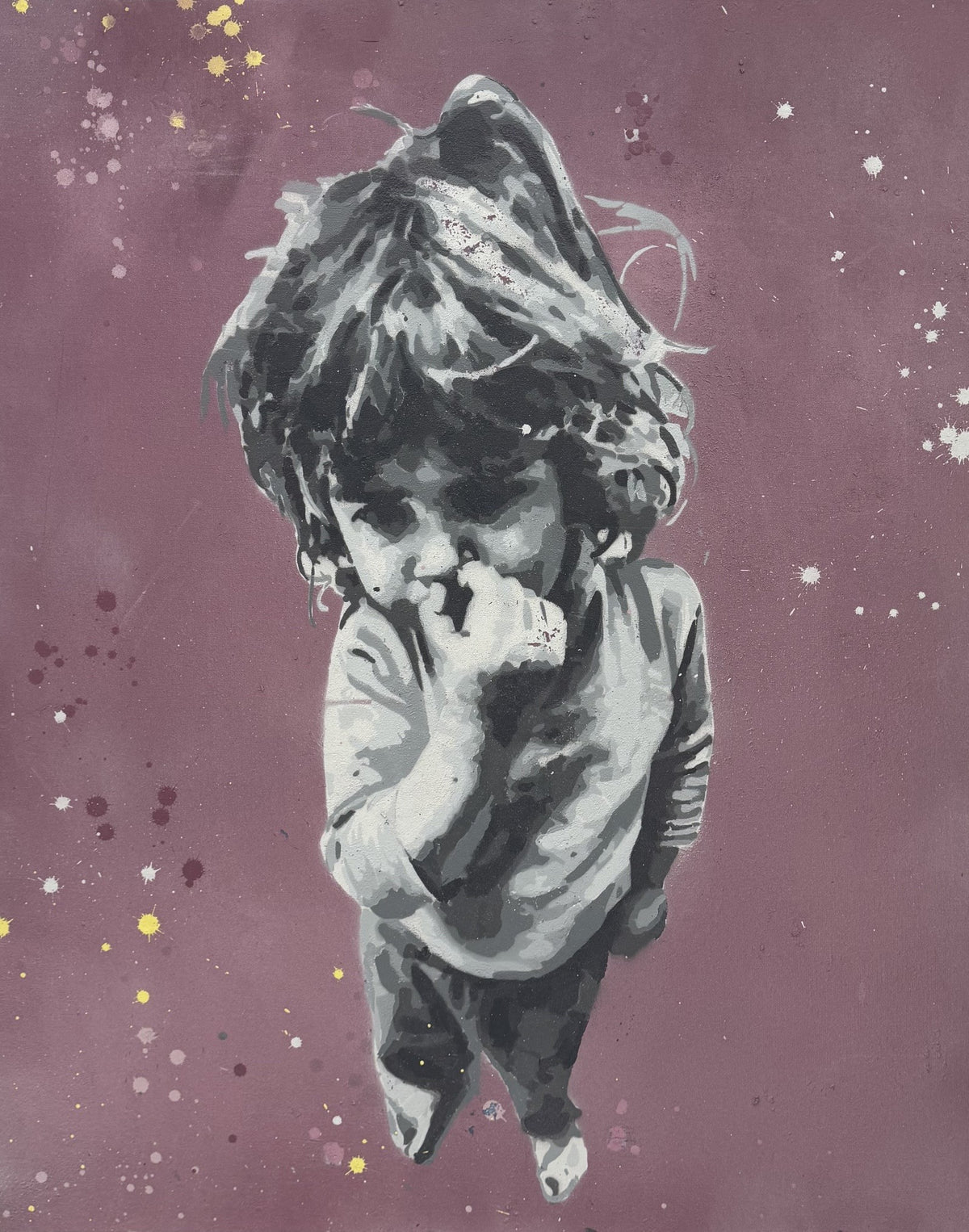 Tableau street art portrait en aérosol et pochoir sur toile, gris et rose, 73 x 92 cm – Finger in the Nose de MISS FUCK