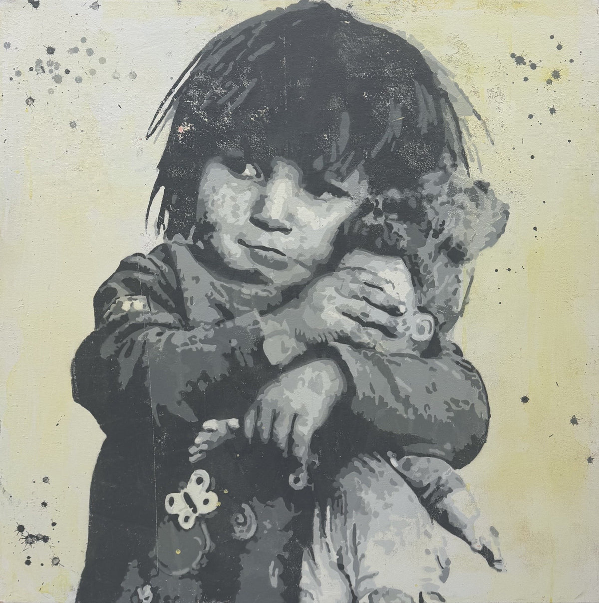 Tableau street art grand format gris et jaune, aérosol et pochoir sur toile, Miss Fuck, 100 x 100 cm