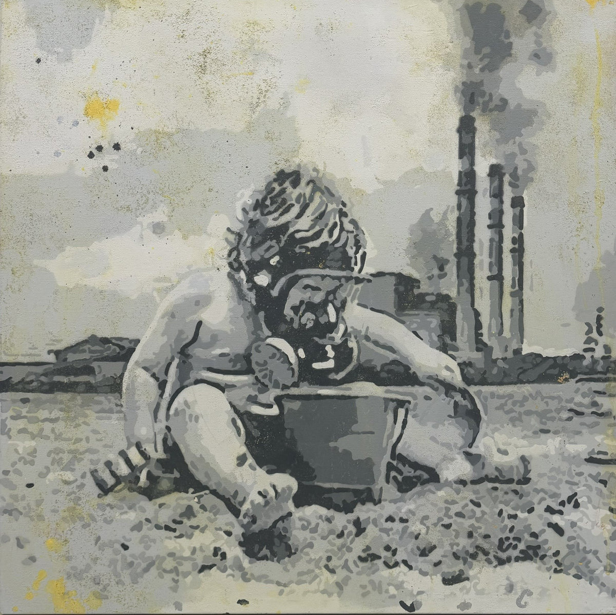 Tableau street art portrait au pochoir et aérosol en gris et jaune, 100 x 100 cm, MISS FUCK
