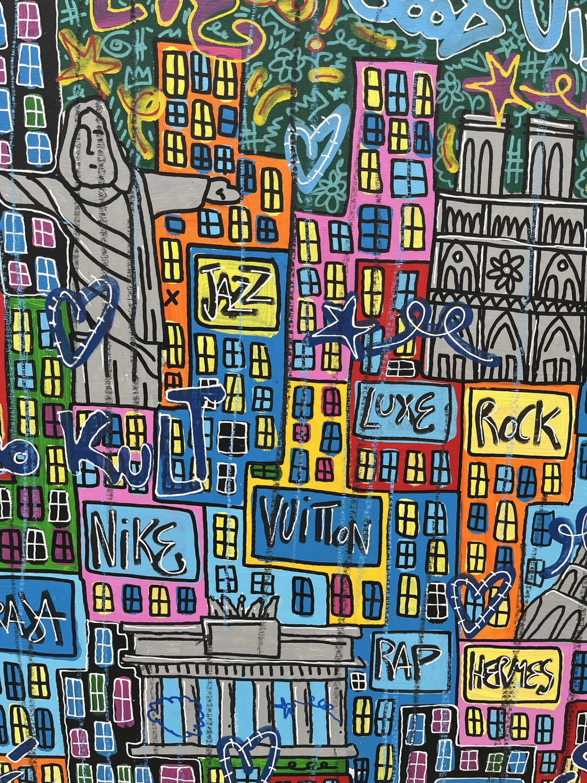 Tableau Good Vibes Cities de RICO SAB dans un intérieur – 195 × 130 cm