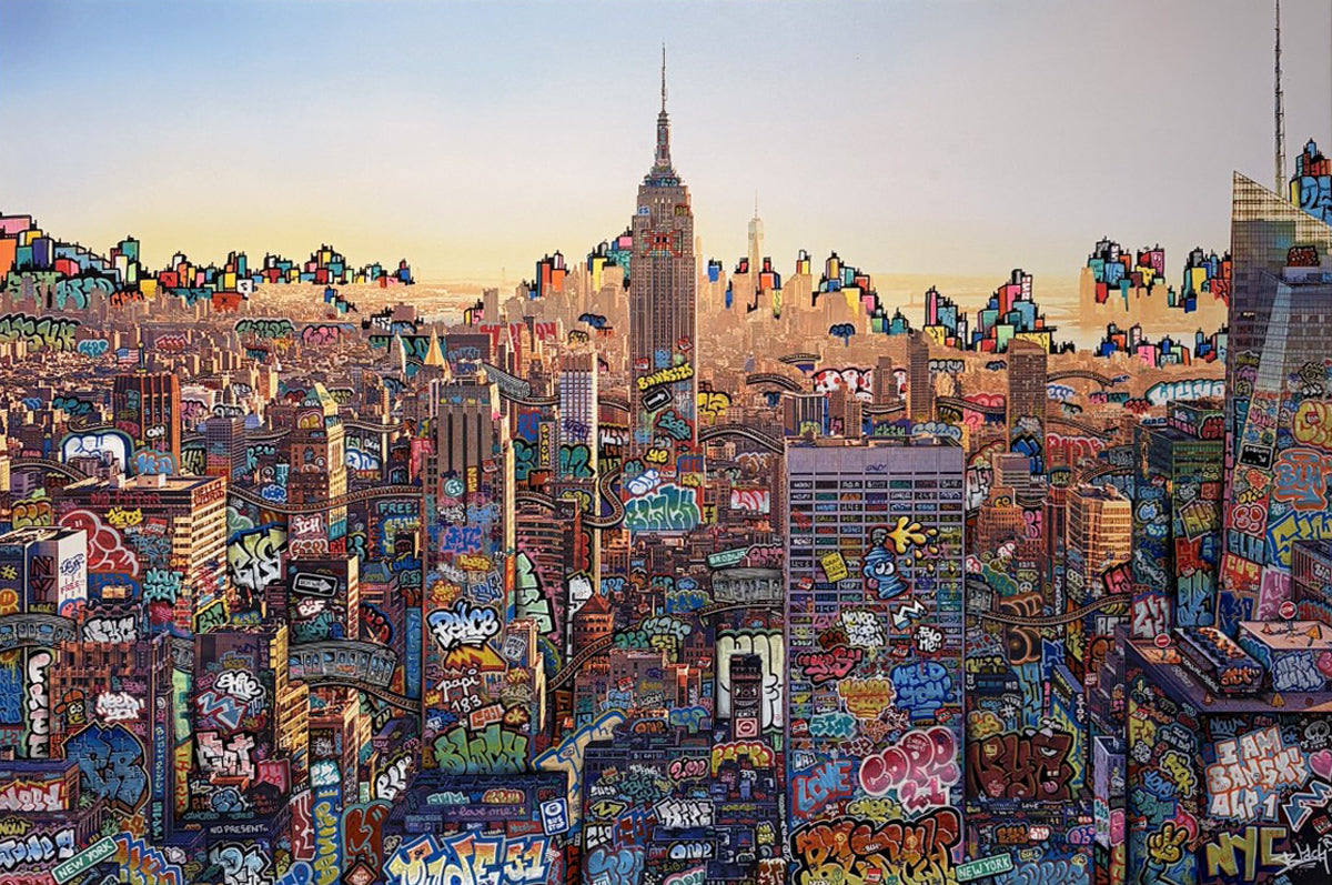 Tableau street art grand format de Blach, New York Fury, acrylique, posca et pastel sur toile, 150 x 100 cm