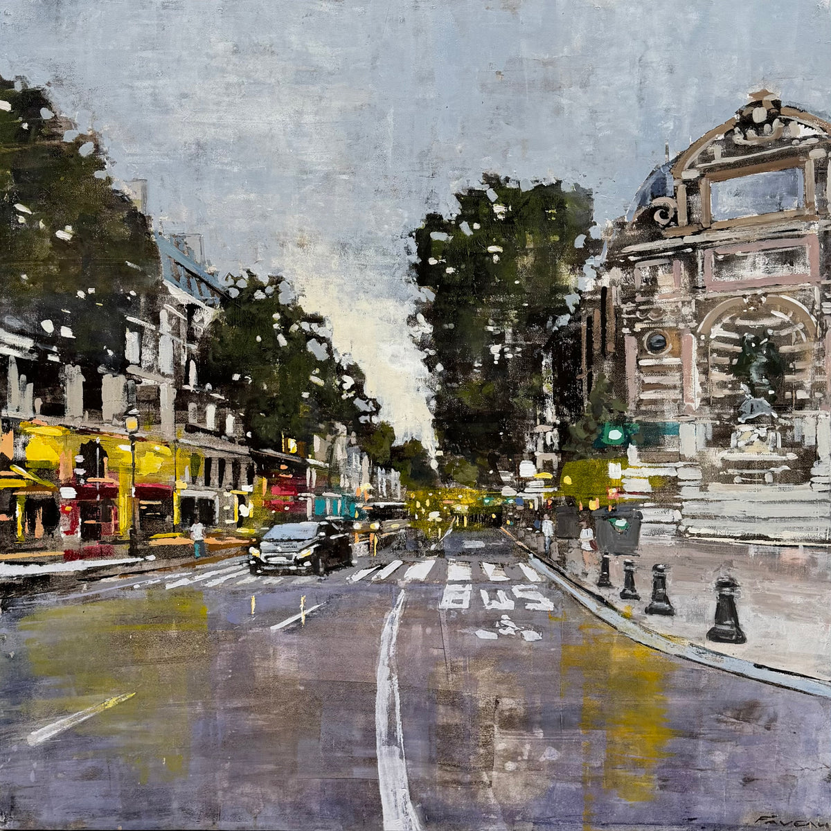 Tableau huile sur bois Fontaine St Michel d'Adrien Faveau, 100 x 100 cm