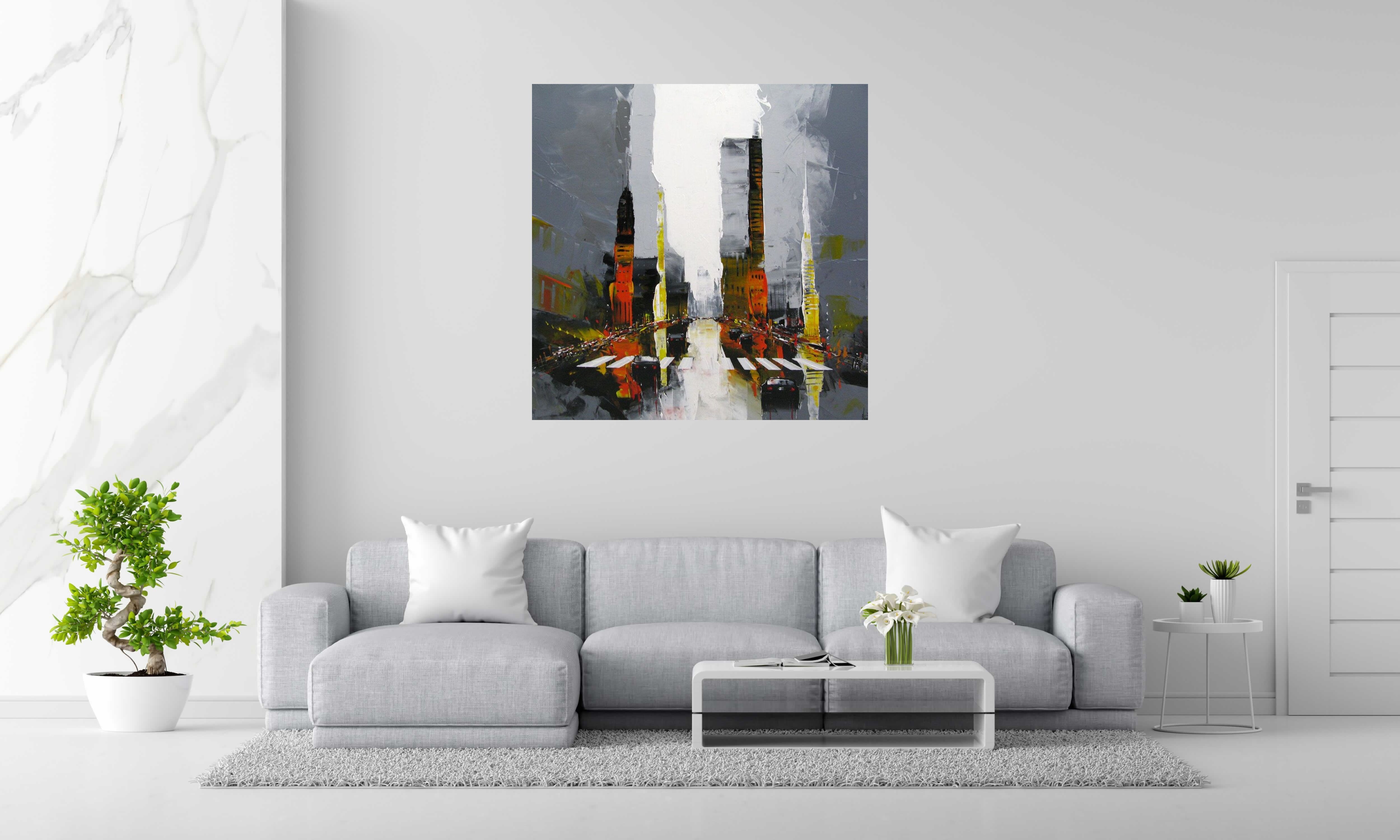 Tableau CITY B de F. BOUTET dans un intérieur – 120 × 120 cm