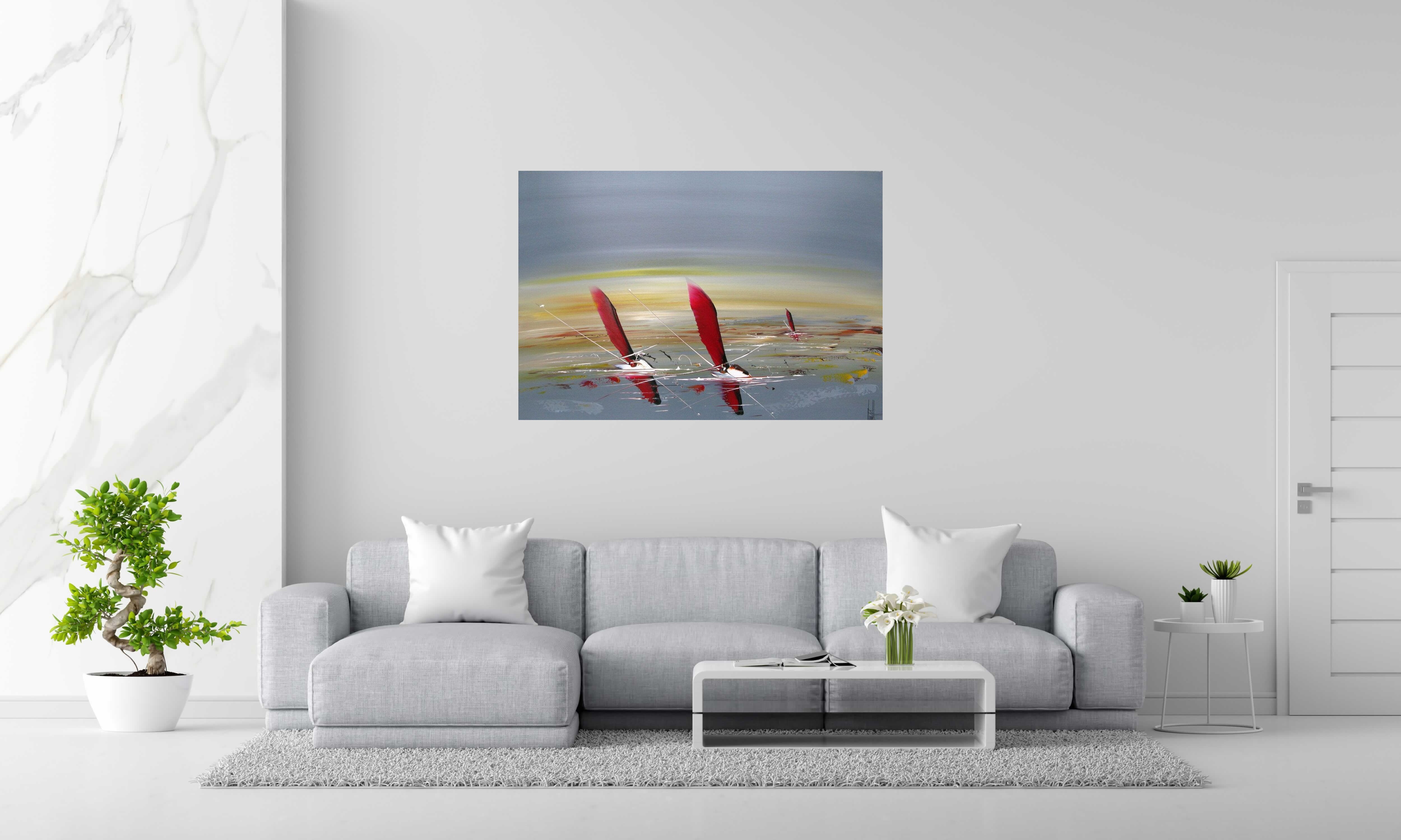 Tableau MARINE ABSTRAITE de F. BOUTET dans un intérieur – 89 × 130 cm