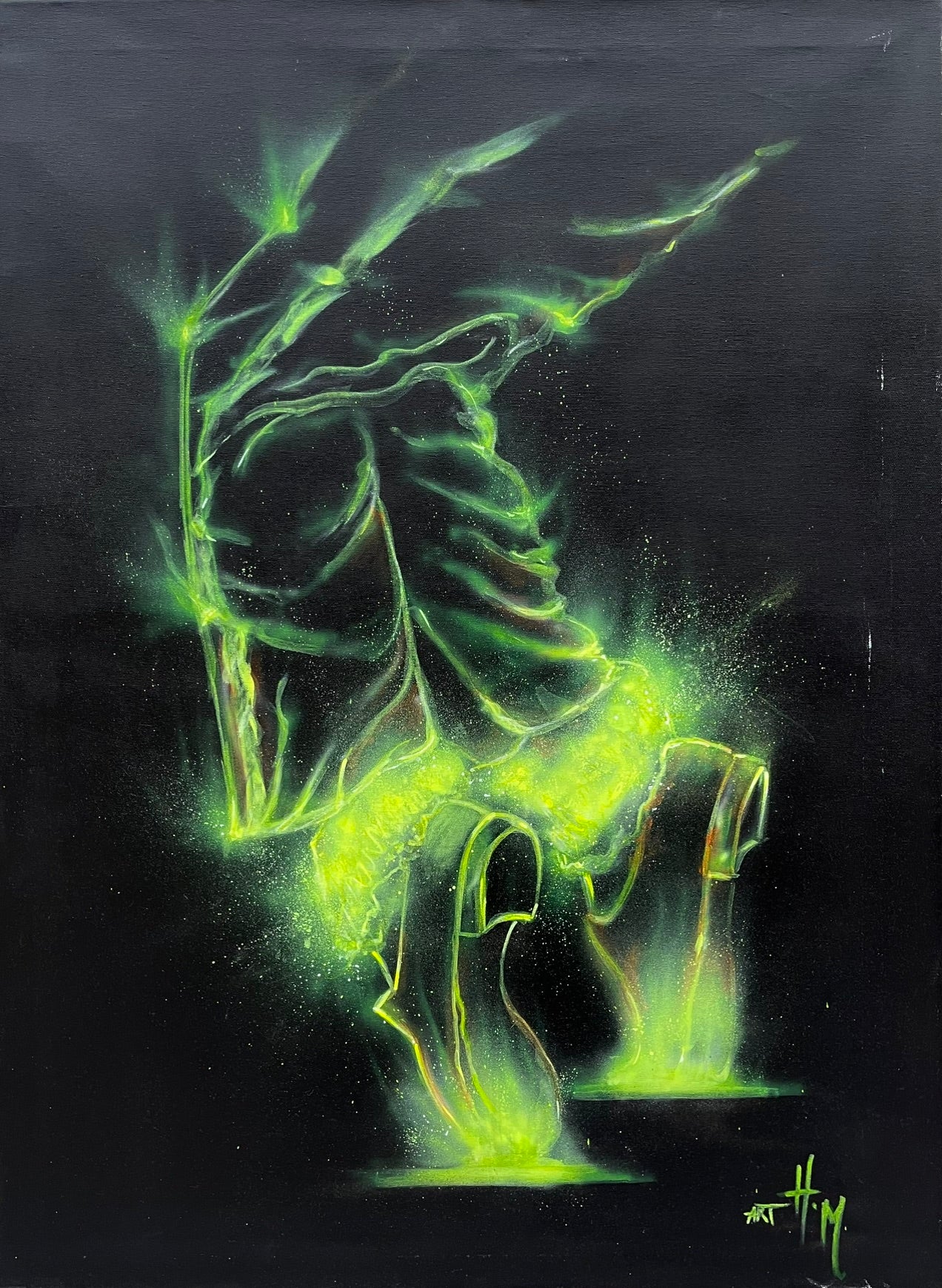 Tableau figuratif format xxl fluo et noir pointe des pieds UV – ART HM – 95 × 70 cm