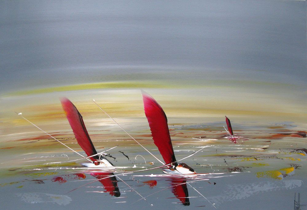 Tableau figuratif format xxl gris et rouge MARINE ABSTRAITE – F. BOUTET – 89 × 130 cm
