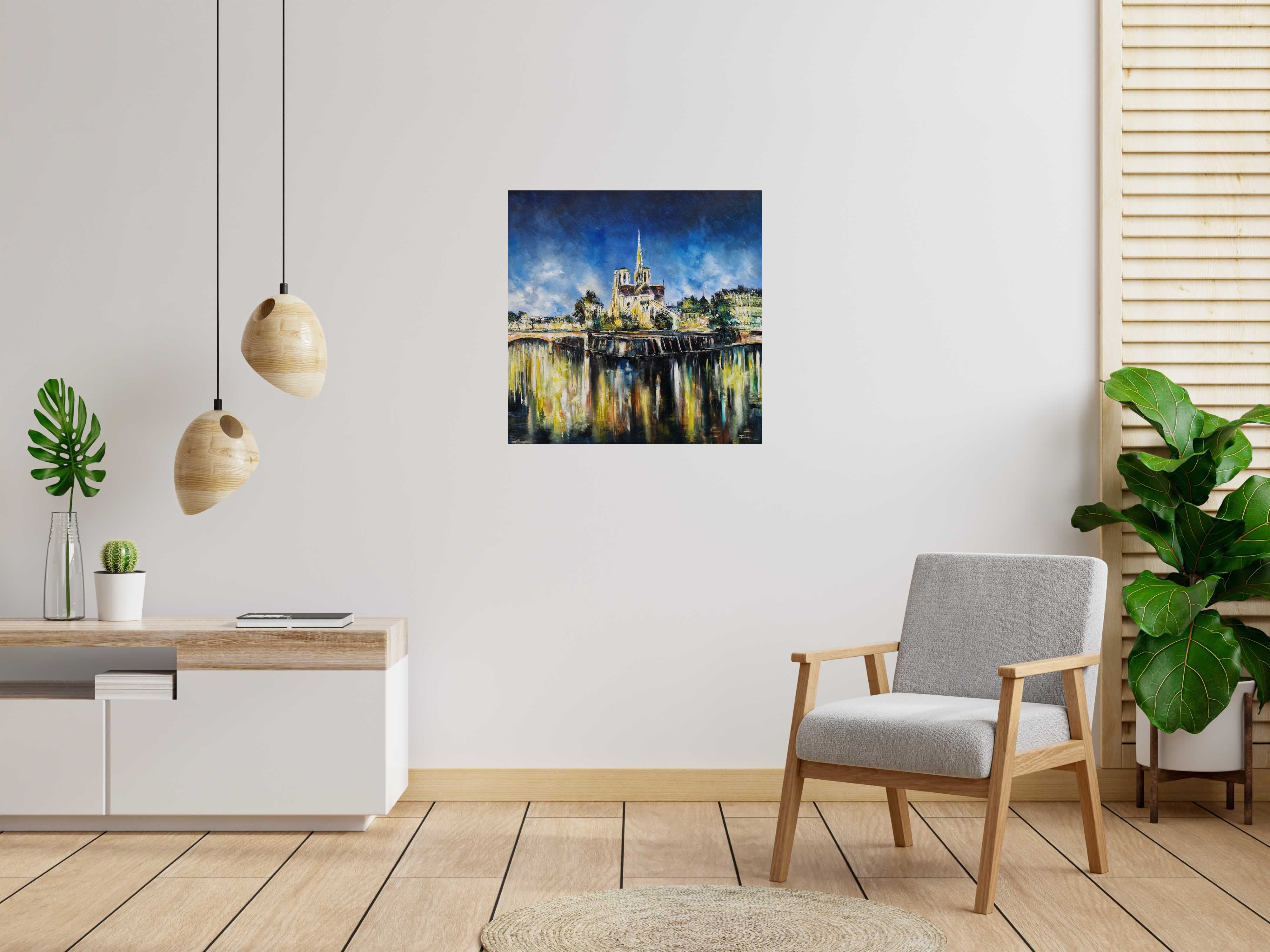 Tableau Eclatante Notre-Dame, Paris de PHIL dans un intérieur – 70 × 70 cm
