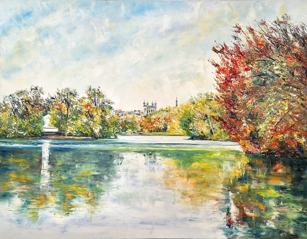 Tableau figuratif format xxl rouge et vert Belle journée parc tête d'or, Lyon – PHIL – 80 × 100 cm