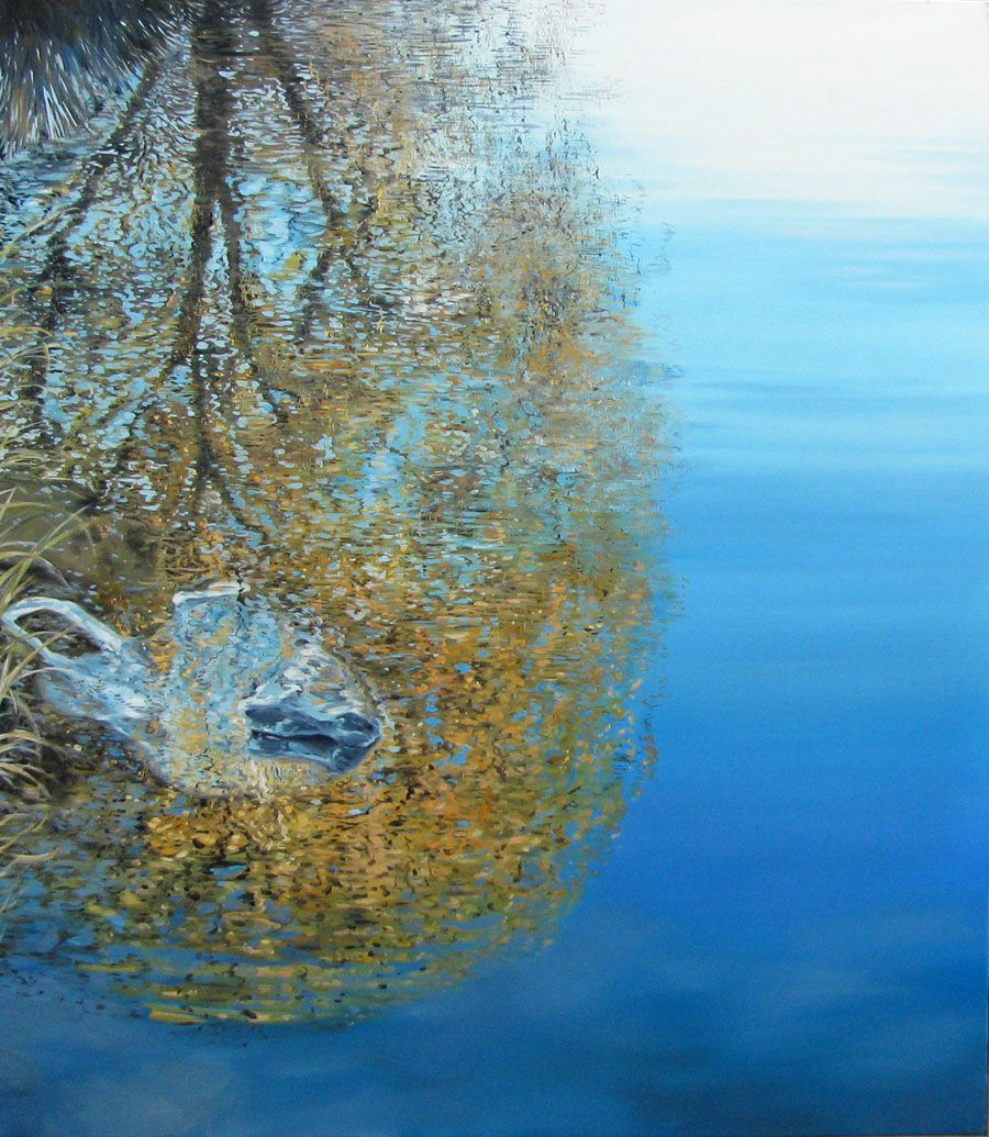 Tableau figuratif grand format bleu RECYCLEZ MOI – ELISE BARAT – 100 × 80 cm