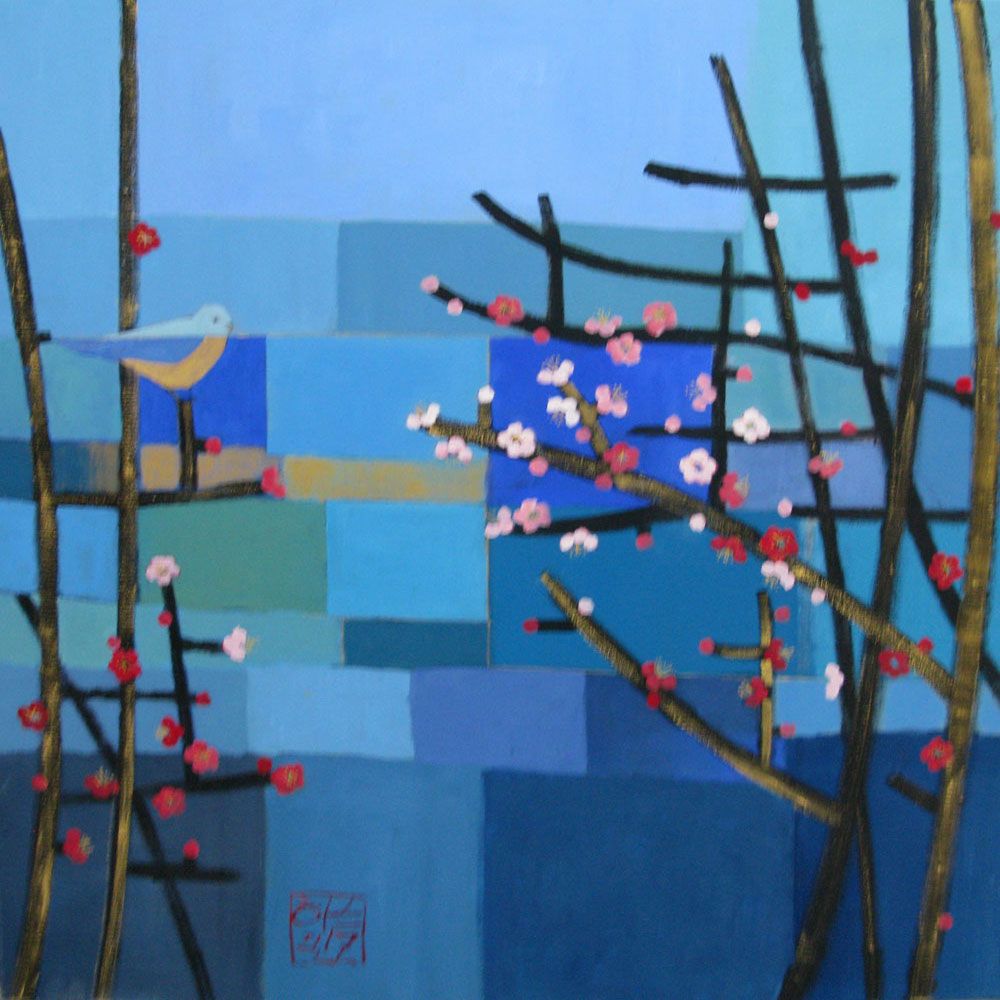 Tableau figuratif grand format bleu ZINZIBULE DE LA MESANGE – JEONG MIN LEE – 80 × 80 cm