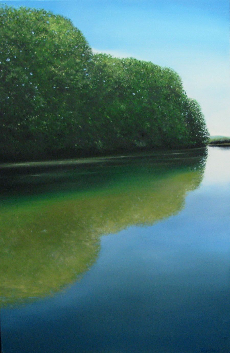 Tableau figuratif grand format bleu et vert LA SOANE II – ELISE BARAT – 116 × 73 cm