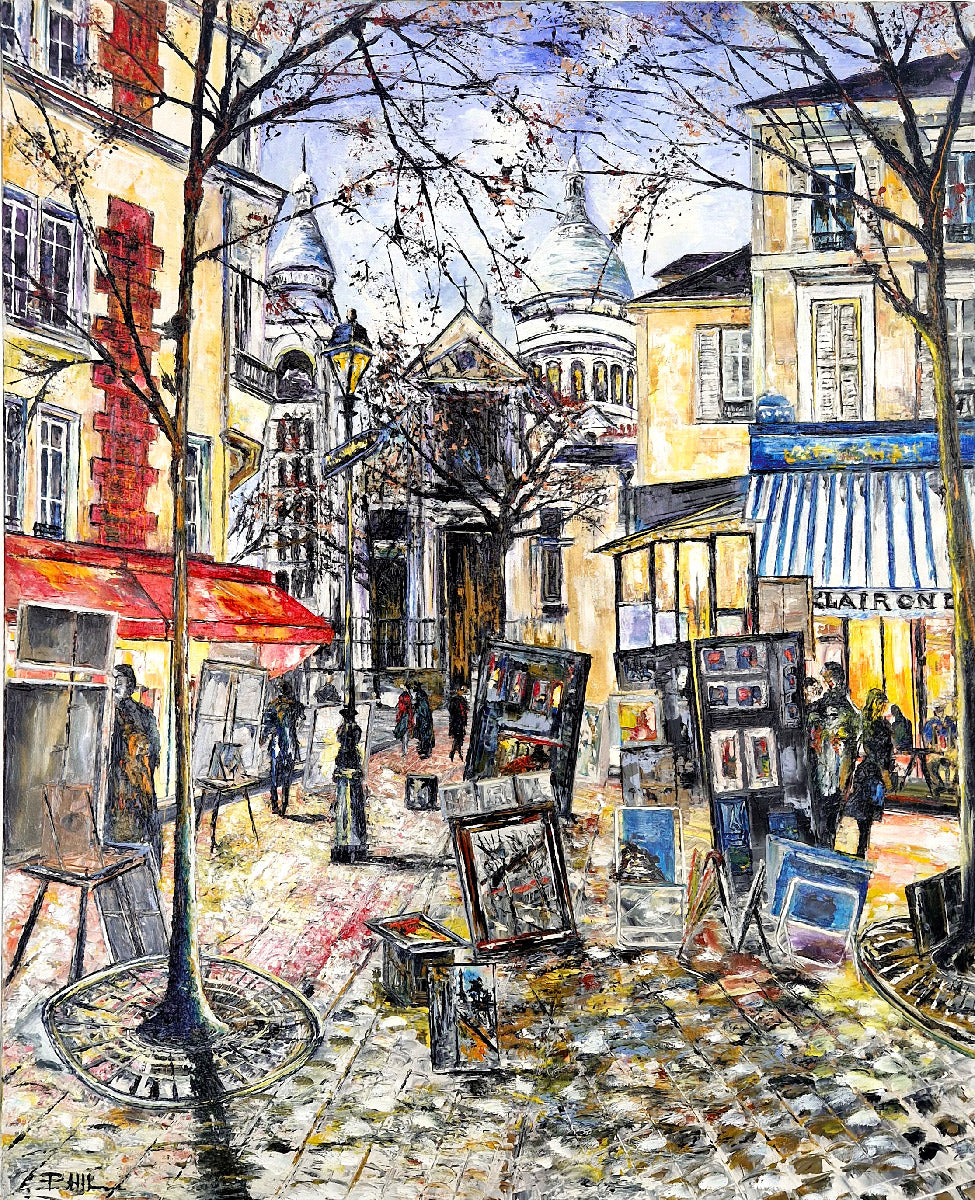 Tableau figuratif grand format jaune et rouge Place du Tertre, Paris – PHIL – 100 × 80 cm