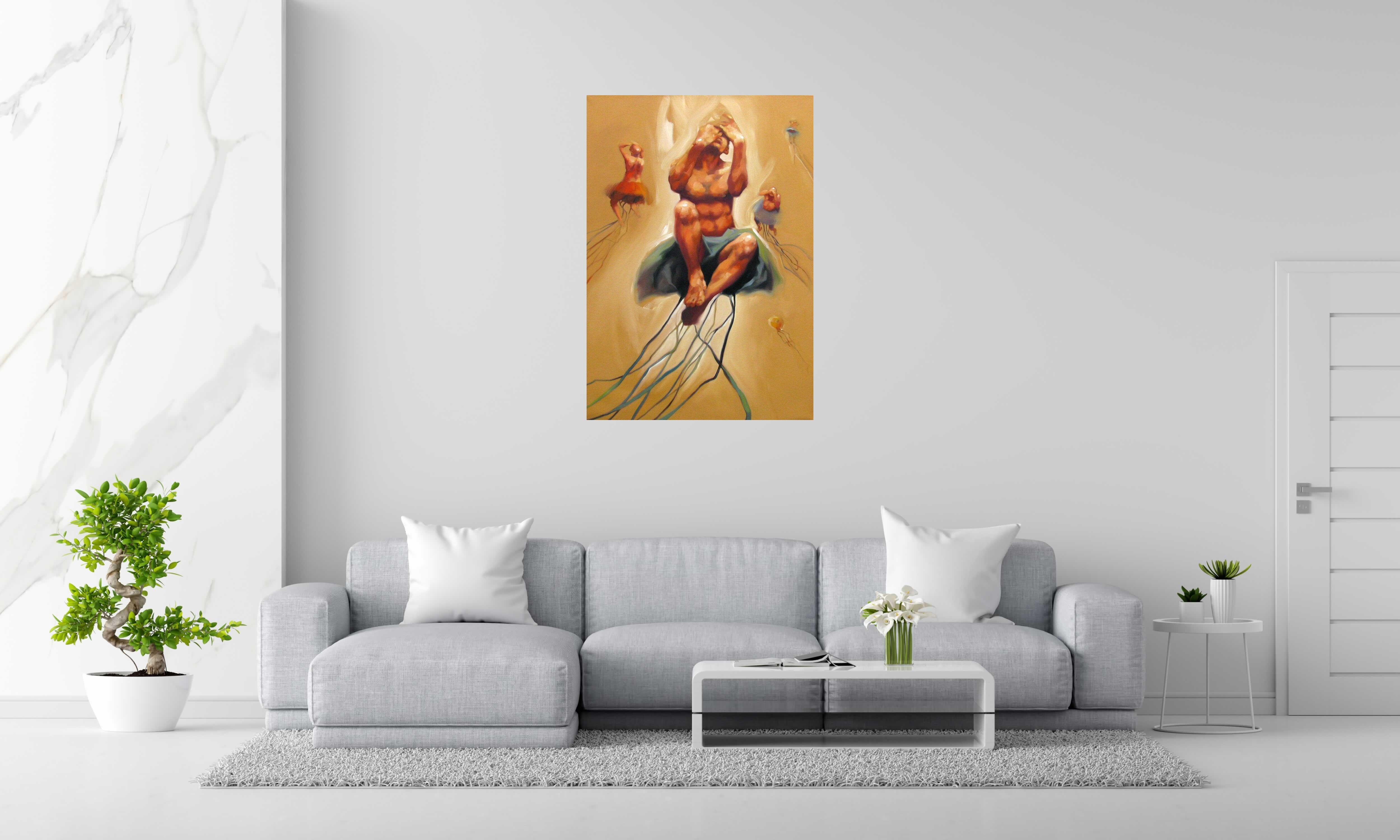 Tableau THE DEFLATED JELLY FISH de OLIVIER MASSEBEUF dans un intérieur – 116 × 81 cm