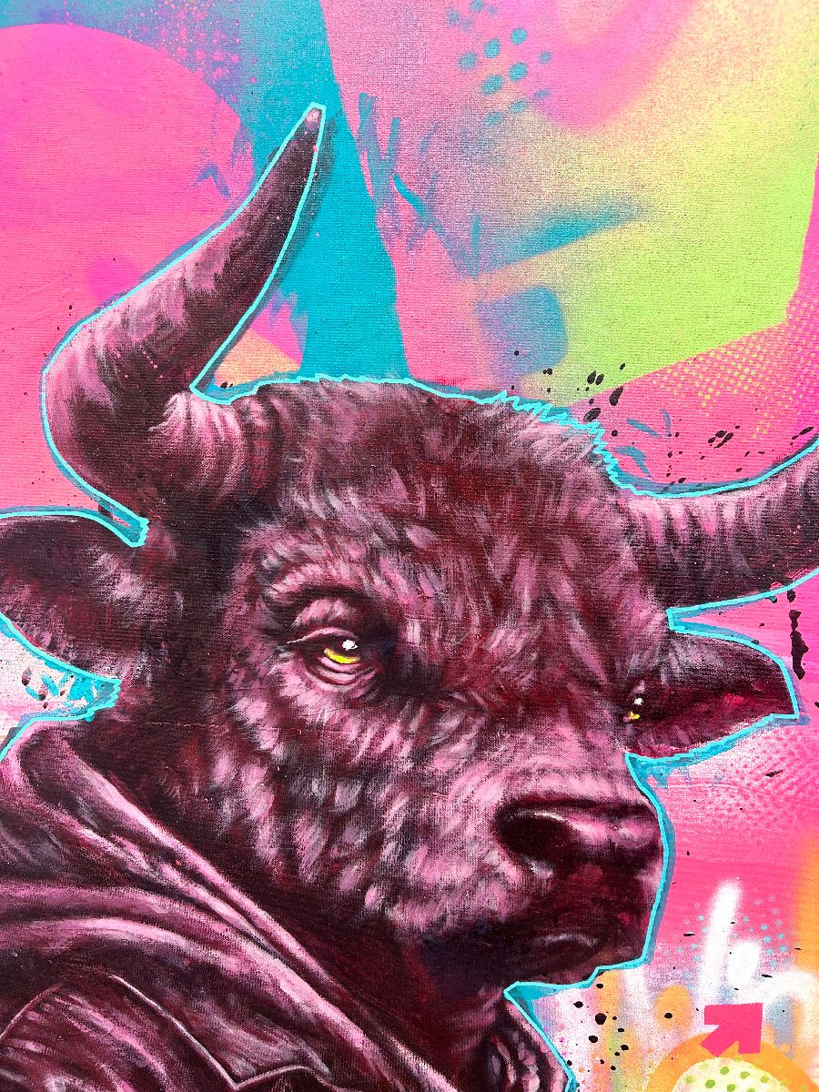 Tableau Bullish de REMY POSCAR dans un intérieur – 73 × 100 cm