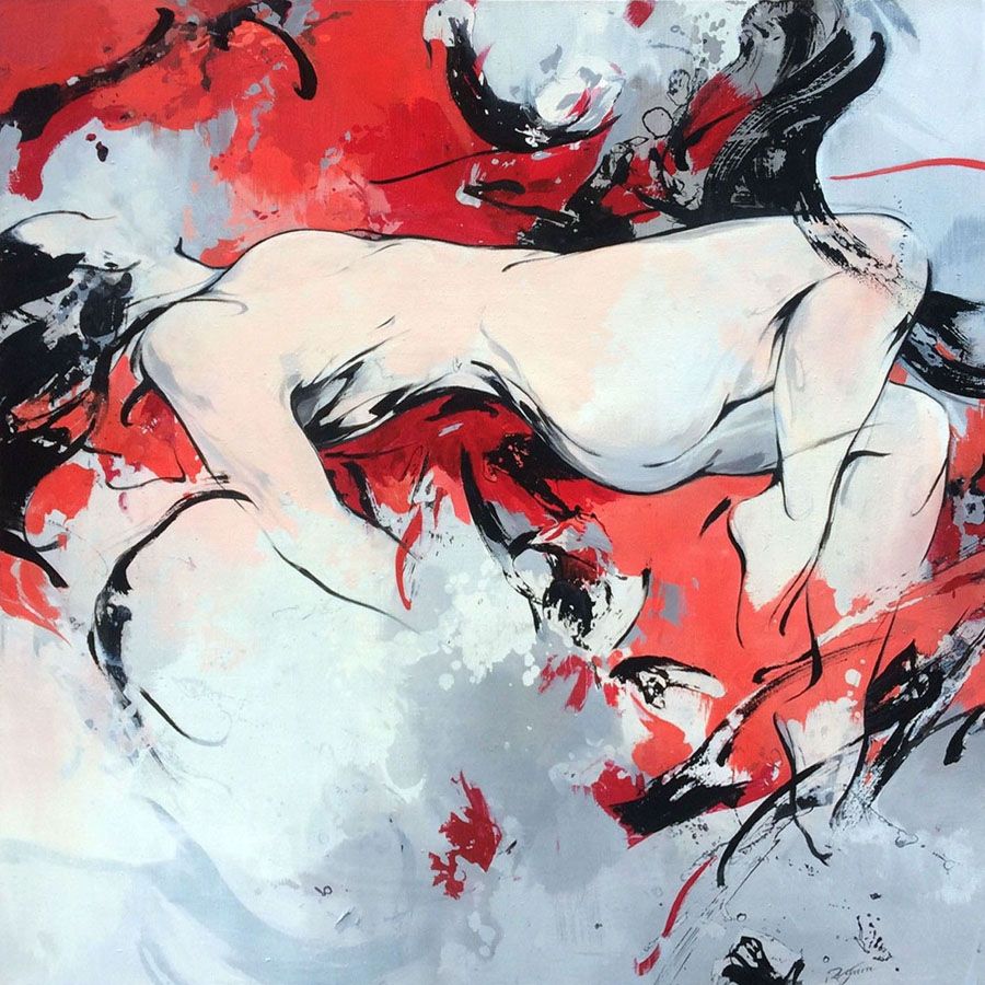 Tableau figuratif grande taille RED – CYRIL REGUERRE – 100 × 100 cm