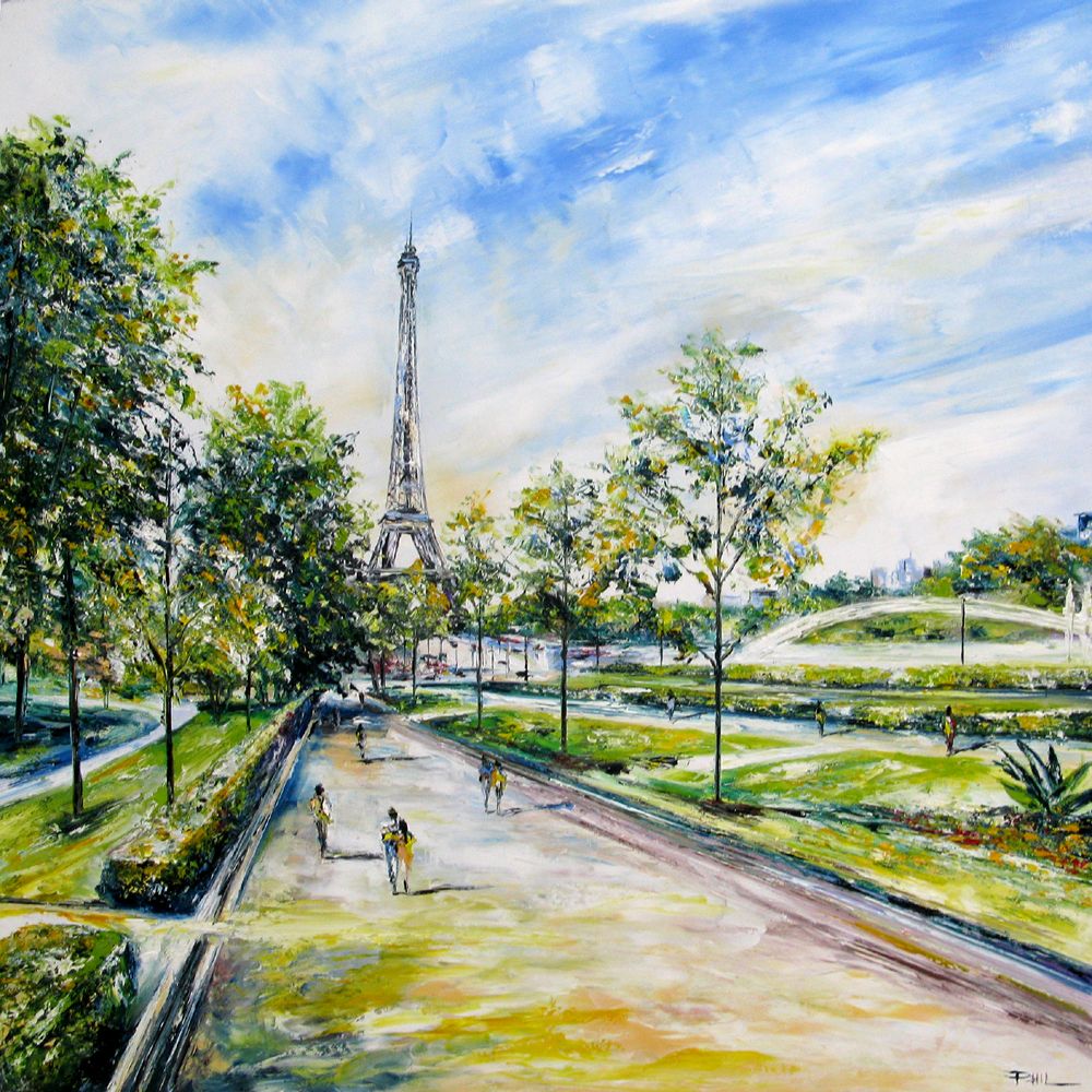 Tableau figuratif grande taille mauve Jardin du Trocadero – PHIL – 90 × 90 cm