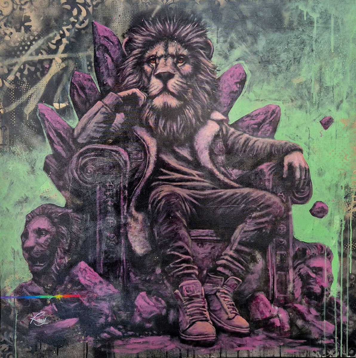 Tableau figuratif grande taille vert et violet Crypto King – REMY POSCAR – 100 × 100 cm