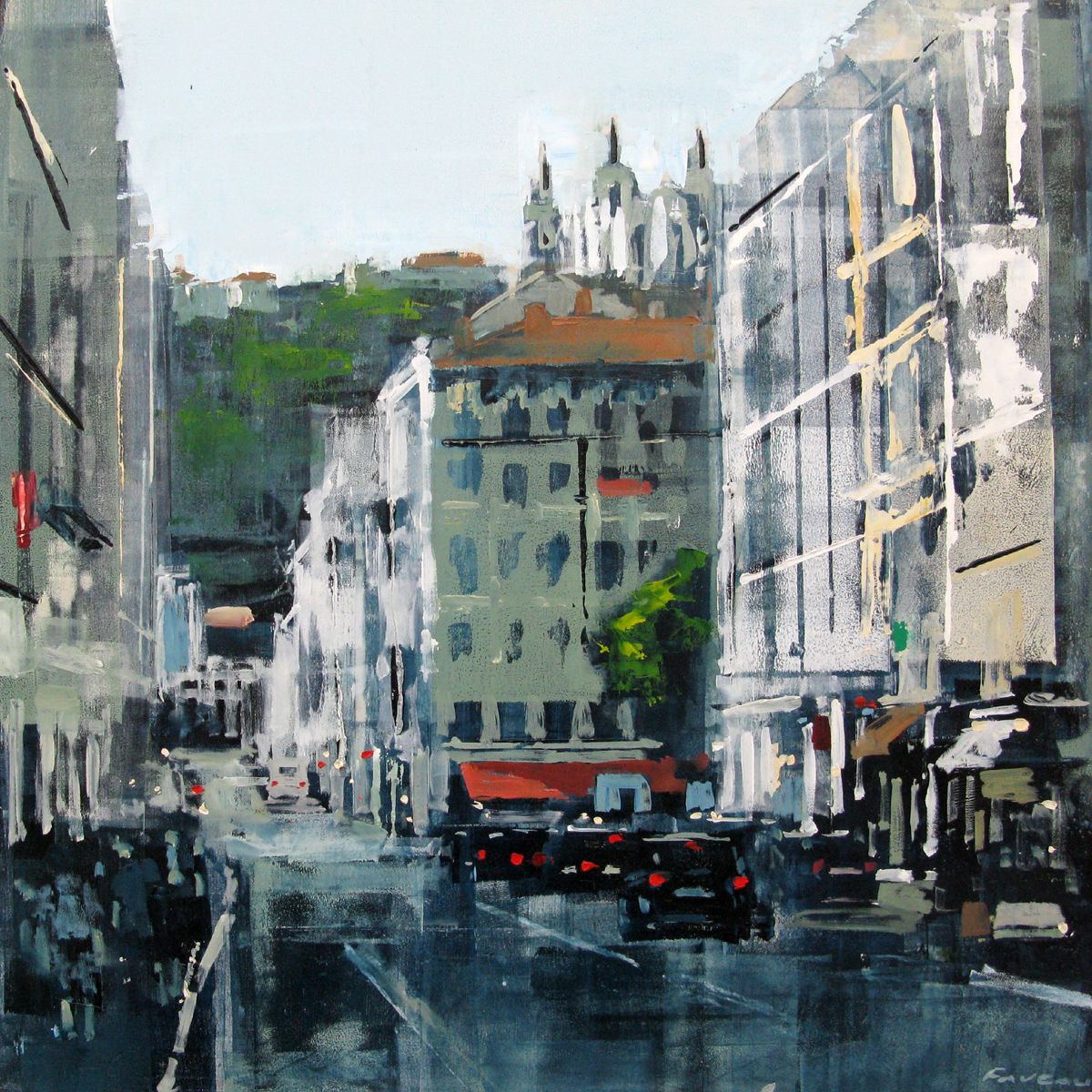 Tableau figuratif moyen format bleu et gris LYON RUE DE LA BARRE – ADRIEN FAVEAU – 50 × 50 cm