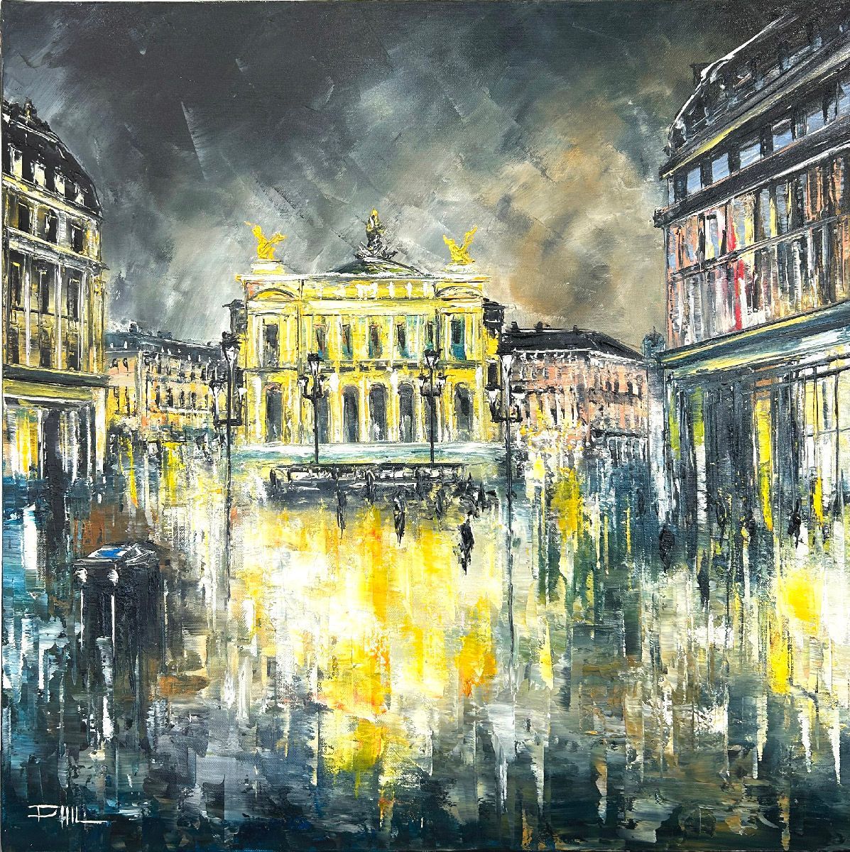 Tableau figuratif moyen format bleu et jaune L'opéra, Paris – PHIL – 60 × 60 cm