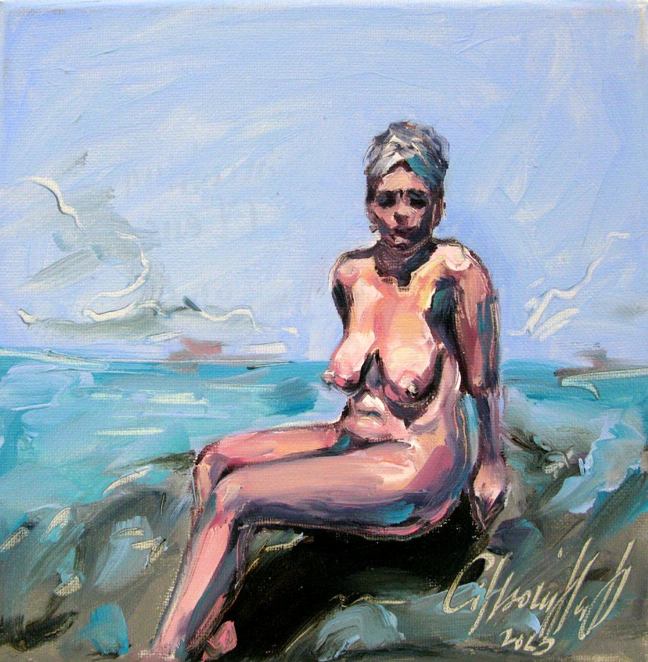 Tableau figuratif petit format bleu et rose Le lundi – OLENA SINIUHINA – 20 × 20 cm