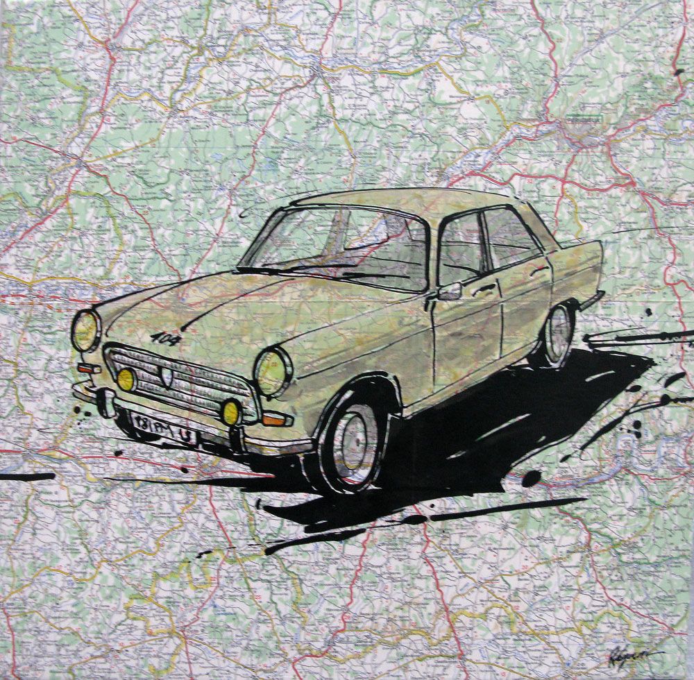 Tableau figuratif petit format PEUGEOT 404 1960 – CYRIL REGUERRE – 40 × 40 cm