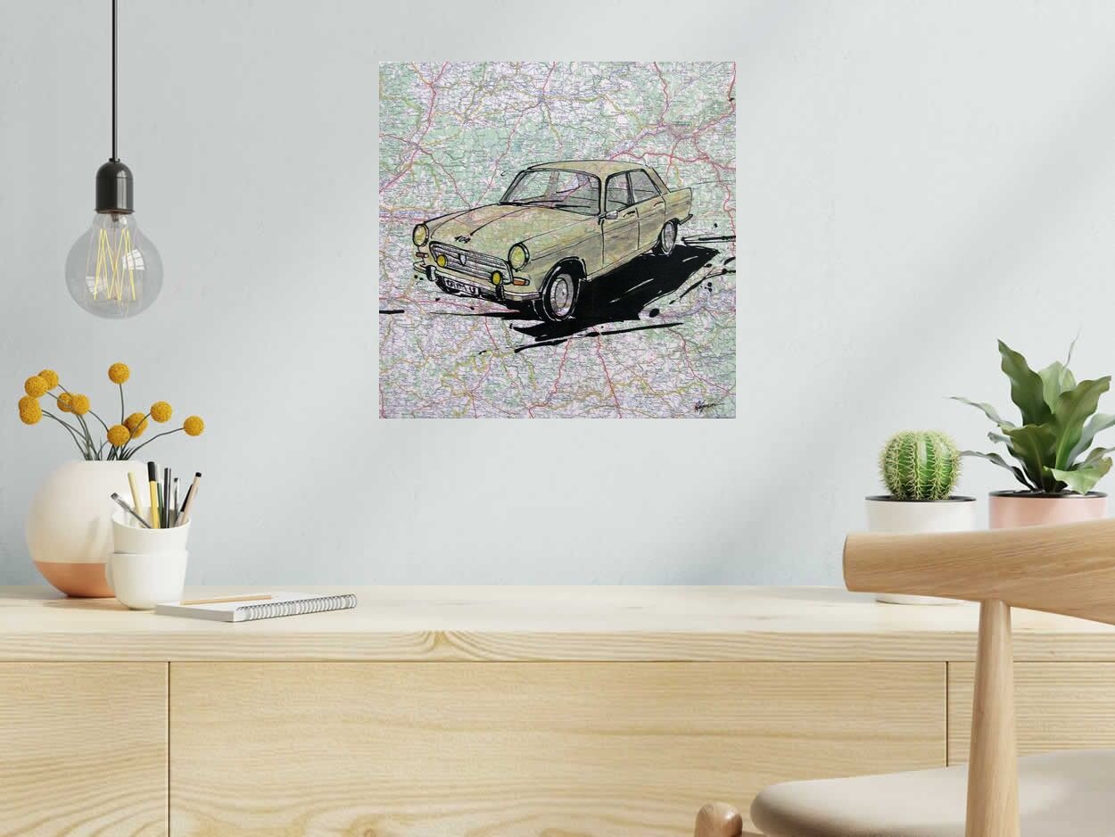 Tableau PEUGEOT 404 1960 de CYRIL REGUERRE dans un intérieur – 40 × 40 cm