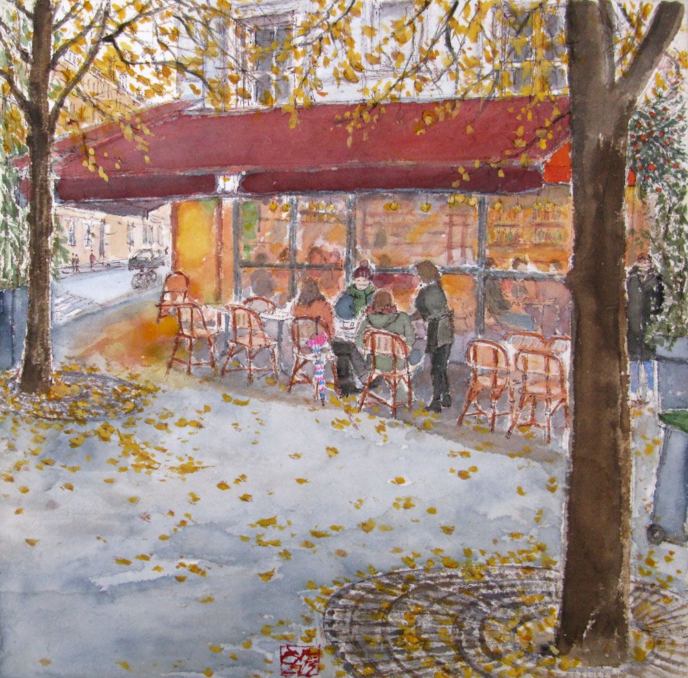 Tableau figuratif petit format Café terrasse à la butte Montmartre – JEONG MIN LEE – 30 × 30 cm
