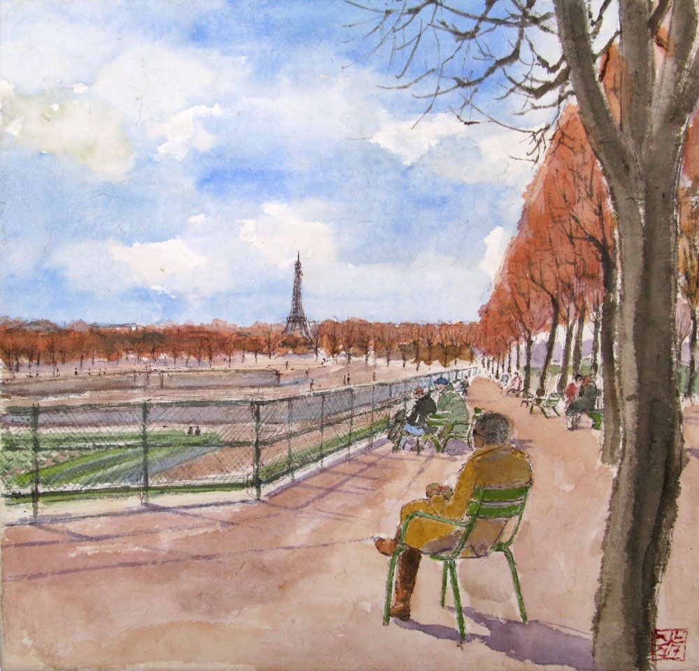 Tableau figuratif petit format Pause méridienne au jardin des Tuileries – JEONG MIN LEE – 30 × 30 cm