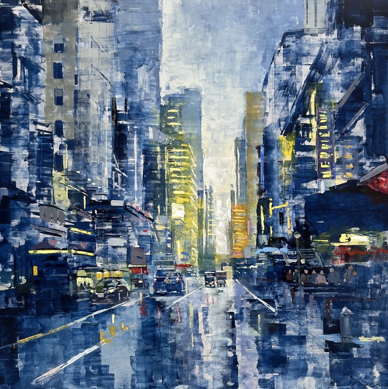 Tableau figuratif très grand format bleu 42th Streets Lights – ADRIEN FAVEAU – 120 × 120 cm
