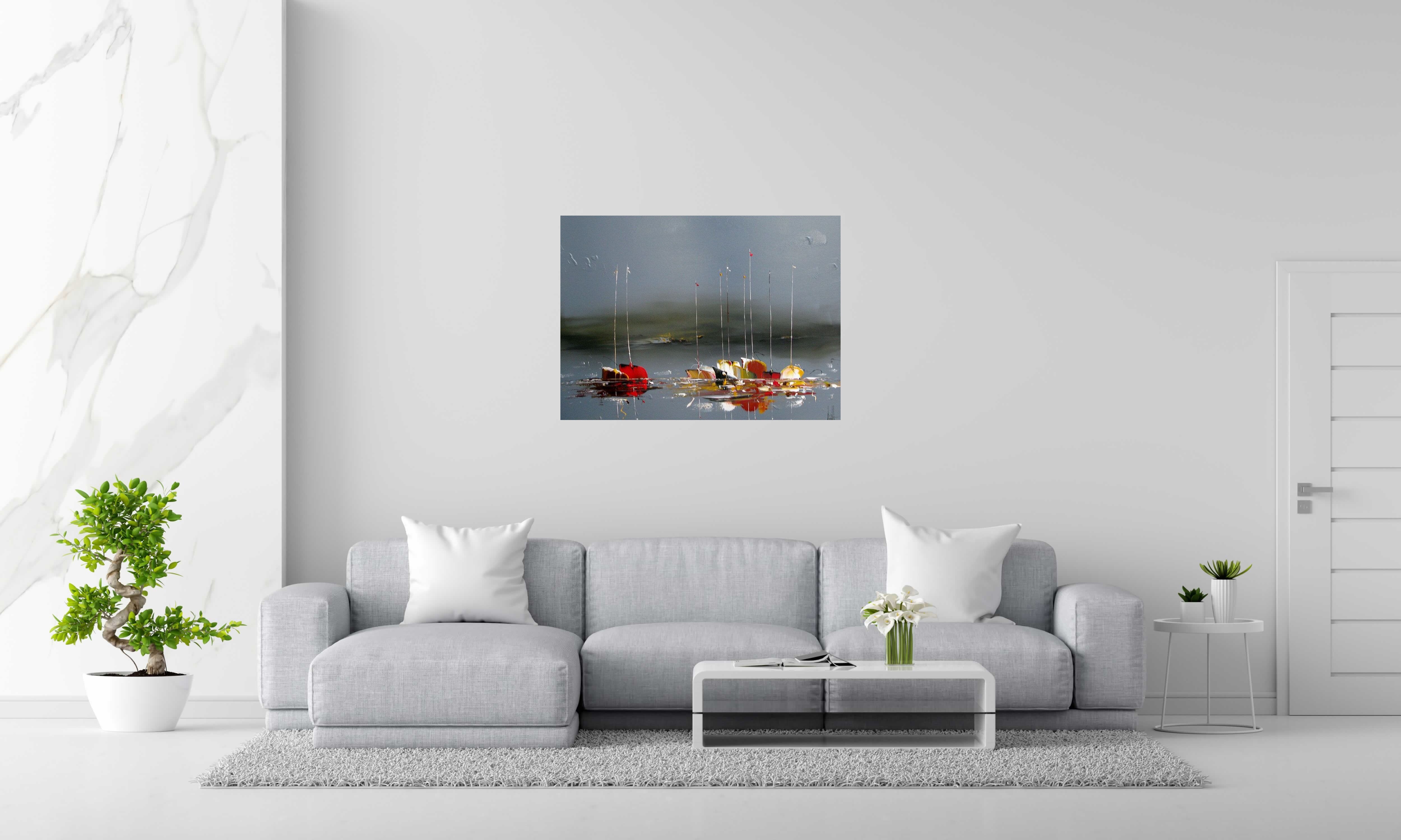 Tableau MARINE ABSTRAITE de F. BOUTET dans un intérieur – 73 × 100 cm