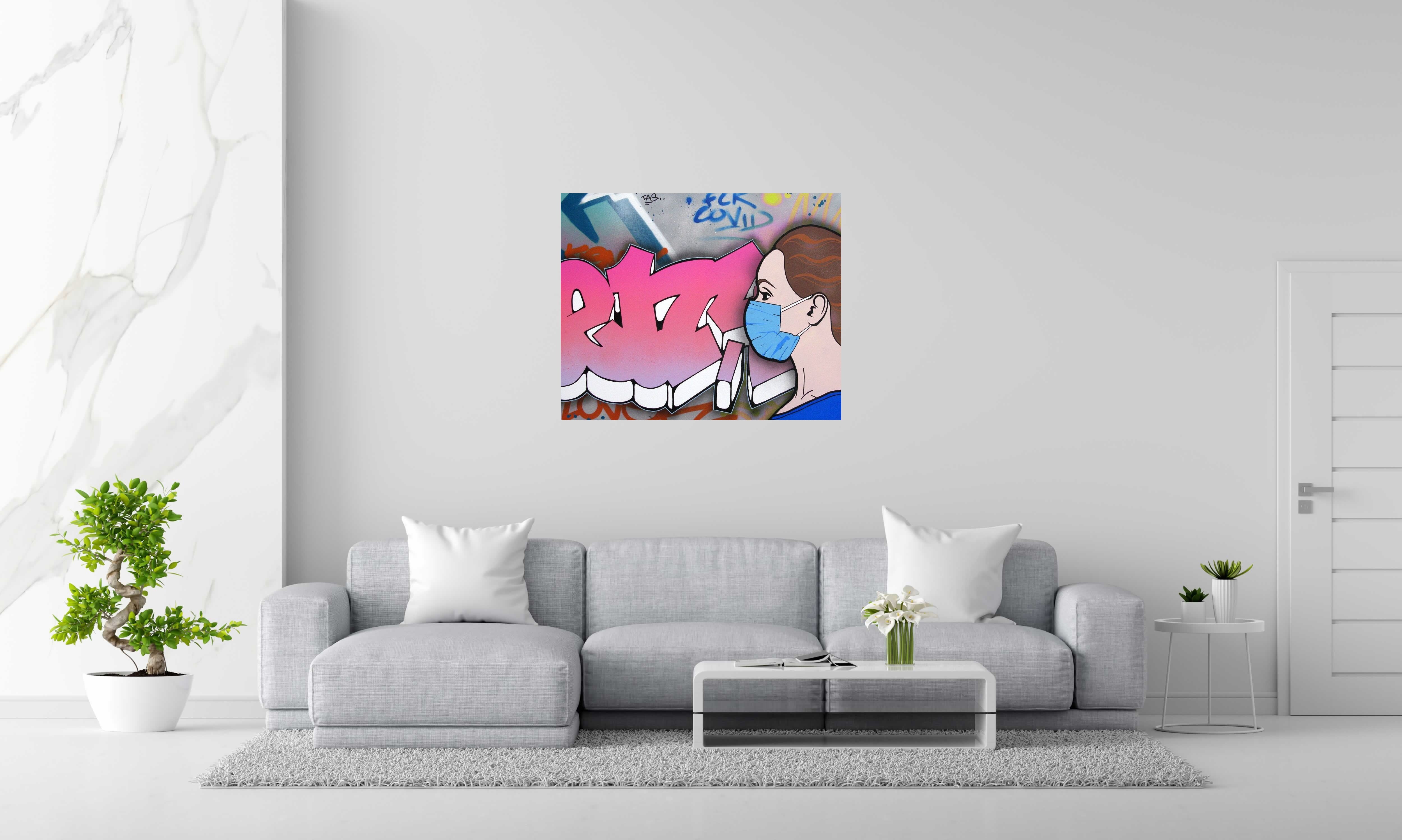 Tableau FUCK COVID de KENY dans un intérieur – 81 × 100 cm