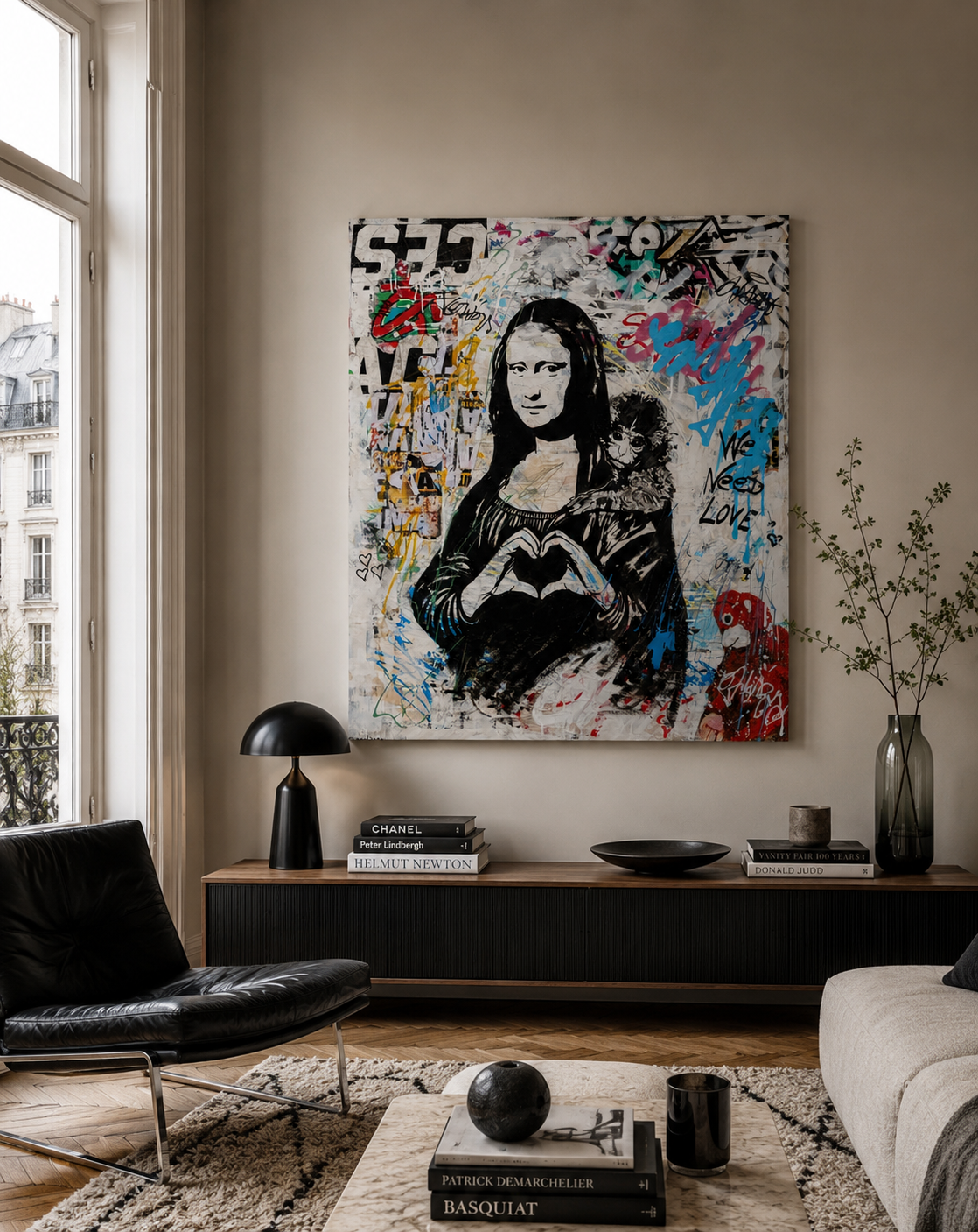 Tableau We need love de PATRICIA GADISSEUR dans un intérieur – 100 × 80 cm