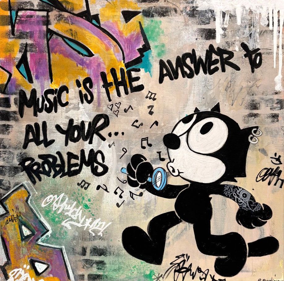 Tableau graffiti moyen format Music is the answer – PATRICIA GADISSEUR – 50 × 50 cm