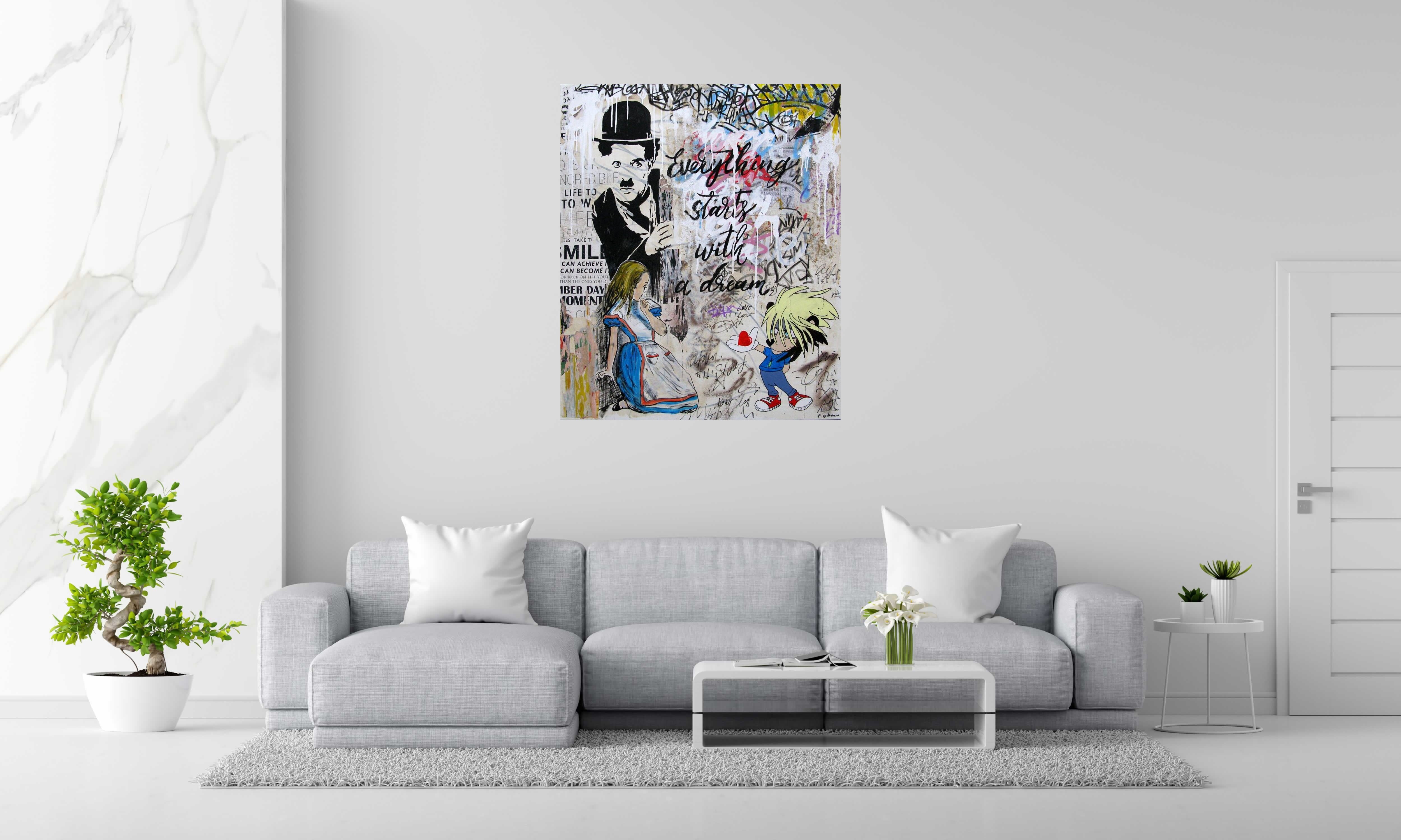 Tableau Everything start with a dream de PATRICIA GADISSEUR dans un intérieur – 100 × 120 cm