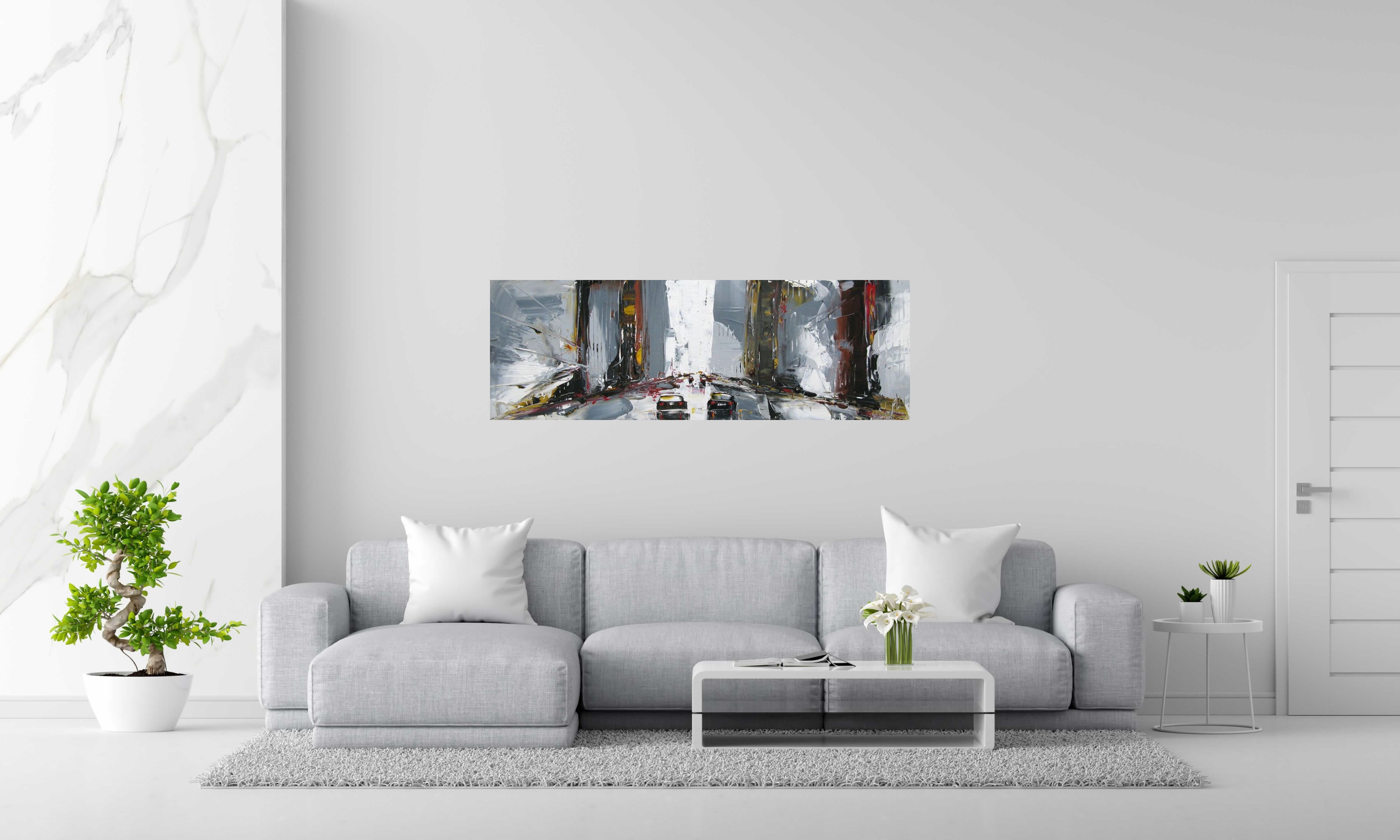 Tableau PAYSAGE URBAIN V de F. BOUTET dans un intérieur – 50 × 150 cm
