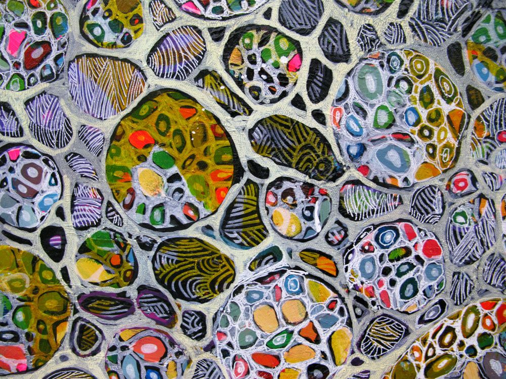 Tableau MICROMONDE 6 de JAVIER RAMIREZ dans un intérieur – 100 × 100 cm