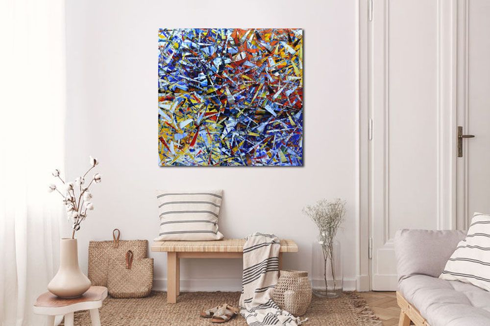 Tableau PEINTURE 03-2021-30 de ALAIN BECANNE dans un intérieur – 120 × 120 cm