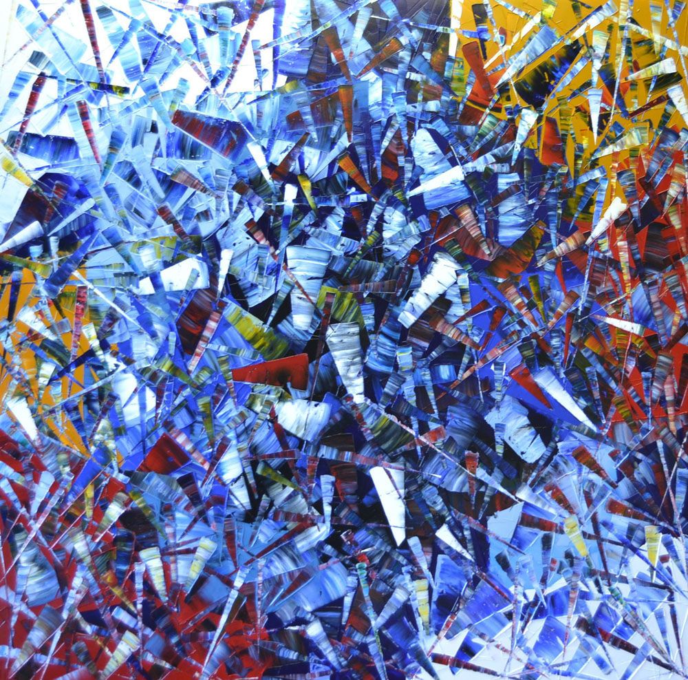 Tableau grande taille bleu et rouge PEINTURE 03-2021-30 – ALAIN BECANNE – 120 × 120 cm
