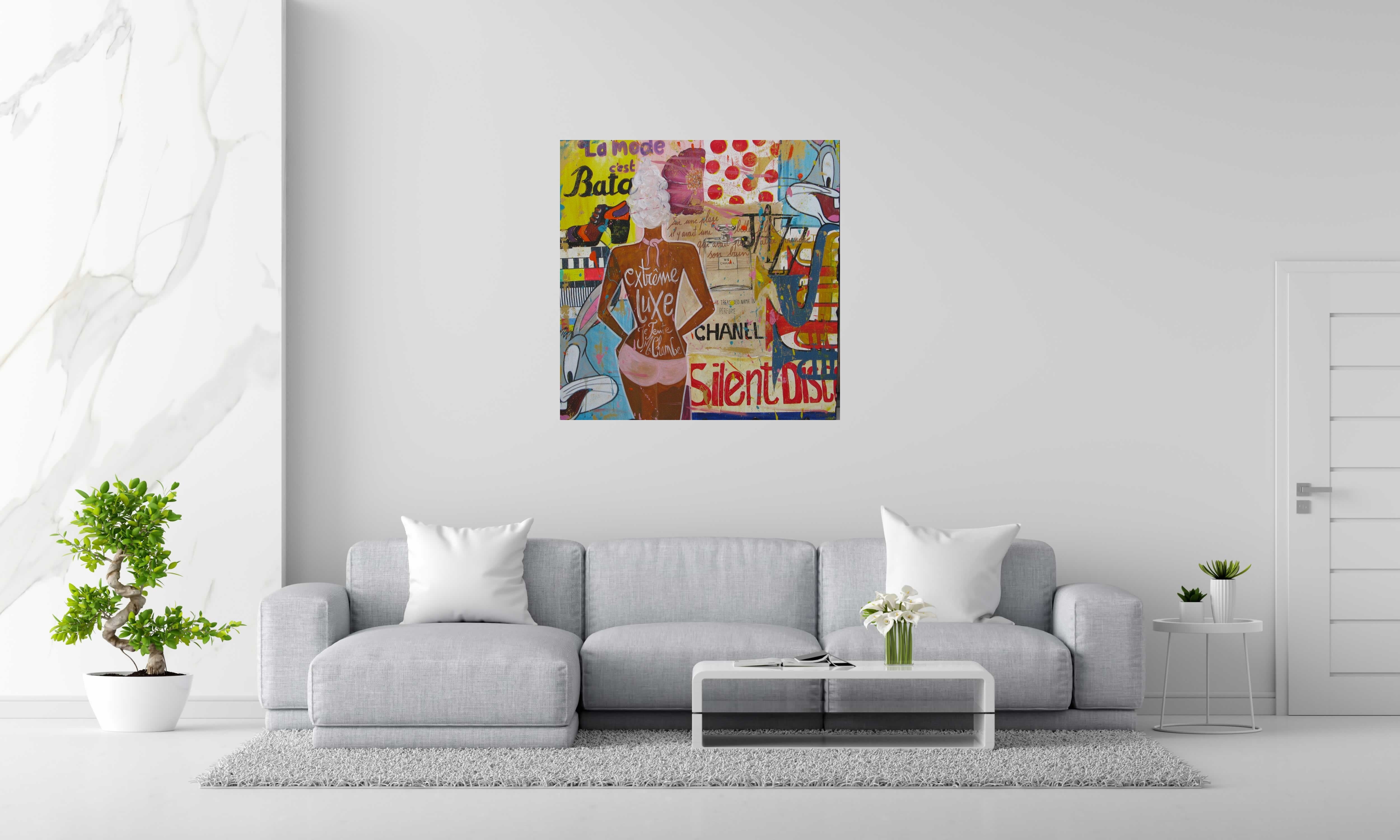 Tableau SILENT DISCO de CACOU dans un intérieur – 100 × 100 cm
