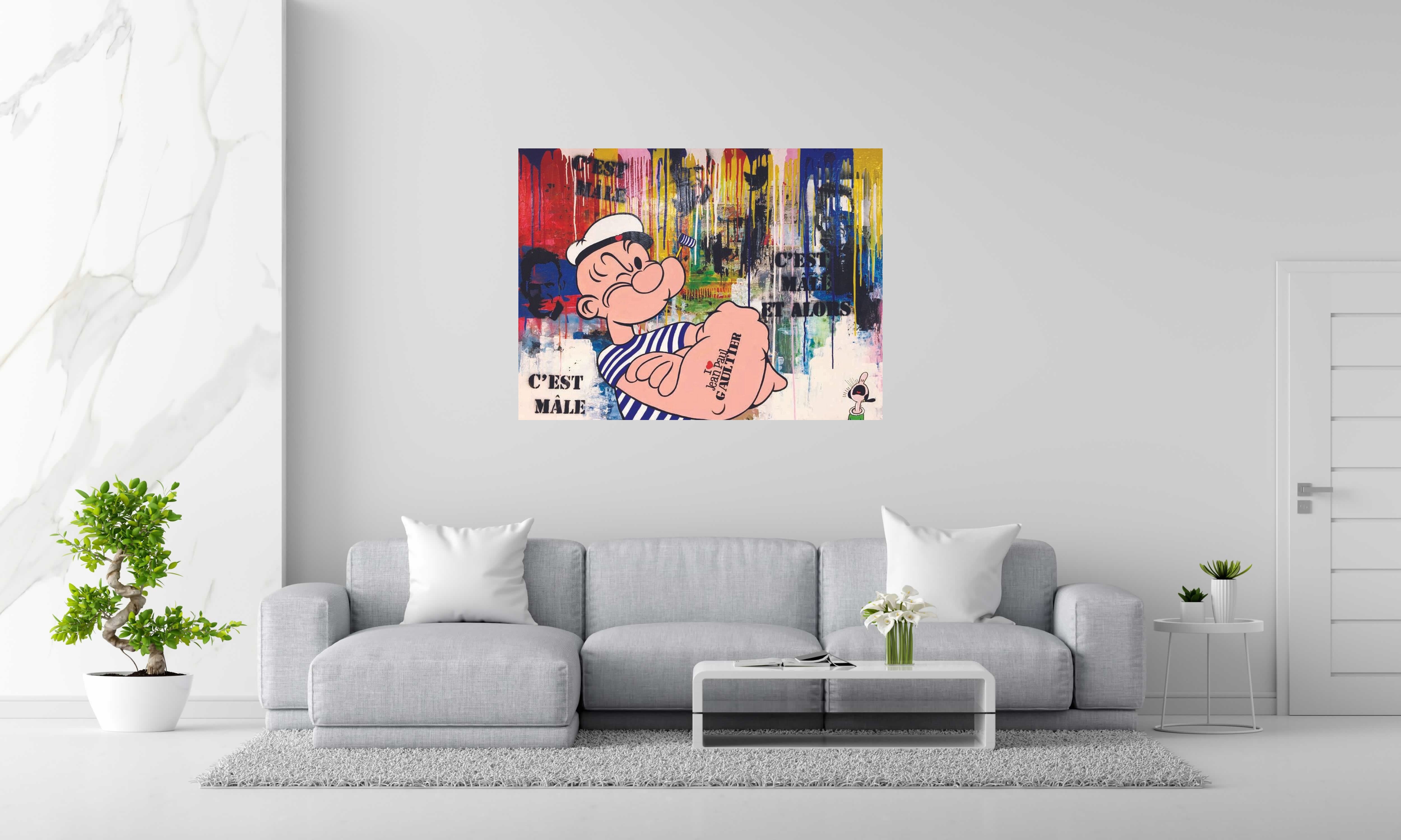 Tableau C'EST MÂLE ET ALORS!! de GABY JOSEPHINE dans un intérieur – 97 × 130 cm