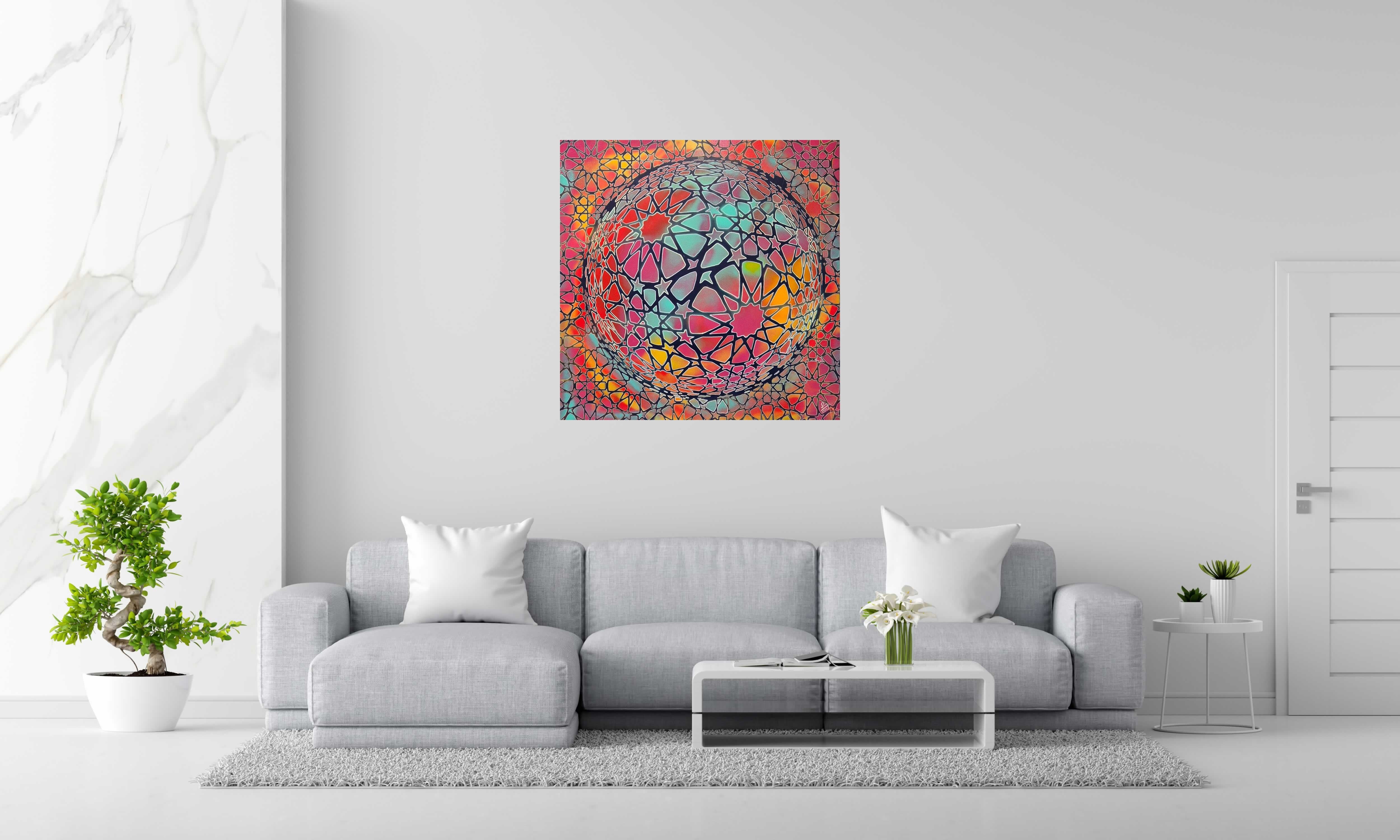 Tableau PLANETE ETOILE I de YANN GUINCHAN dans un intérieur – 100 × 100 cm