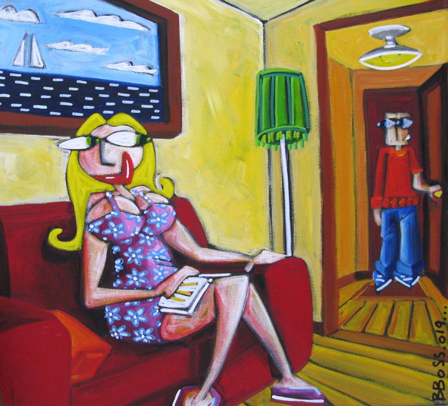 Tableau moyen format JULIE ATTEND SON JULES – B BOSS – 50 × 50 cm