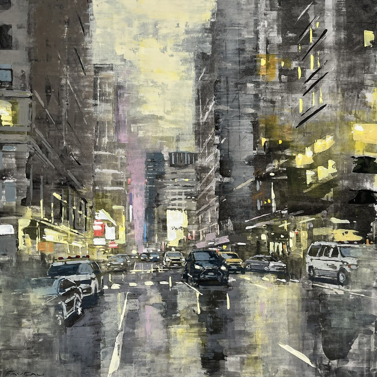 Tableau huile sur bois représentant la 7th Avenue à New York, aux tons jaunes et violets, par Adrien Faveau