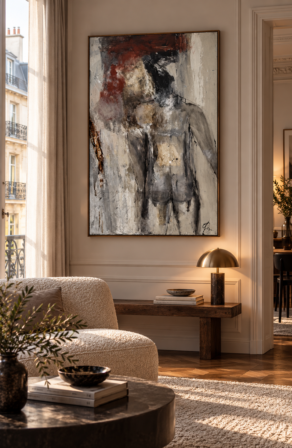 Tableau Fleur de peau de MICHELLE BOISSONOT dans un intérieur – 80 × 120 cm