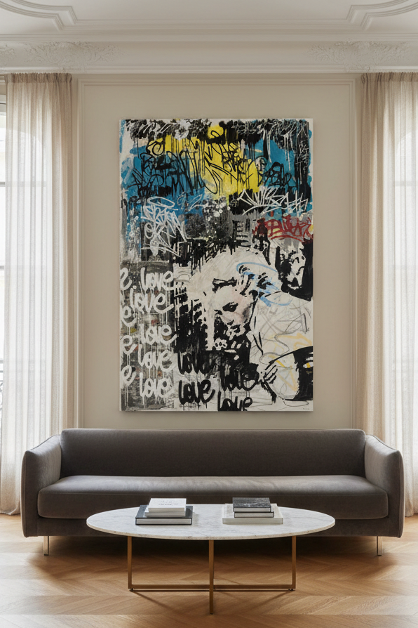 Tableau Love Love de PATRICIA GADISSEUR dans un intérieur – 100 × 150 cm