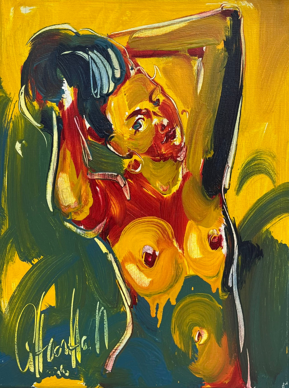 tableau figuratif Babetta, acrylique sur toile, portrait nu en jaune et vert, 30 x 40 cm — Olena Siniuhina