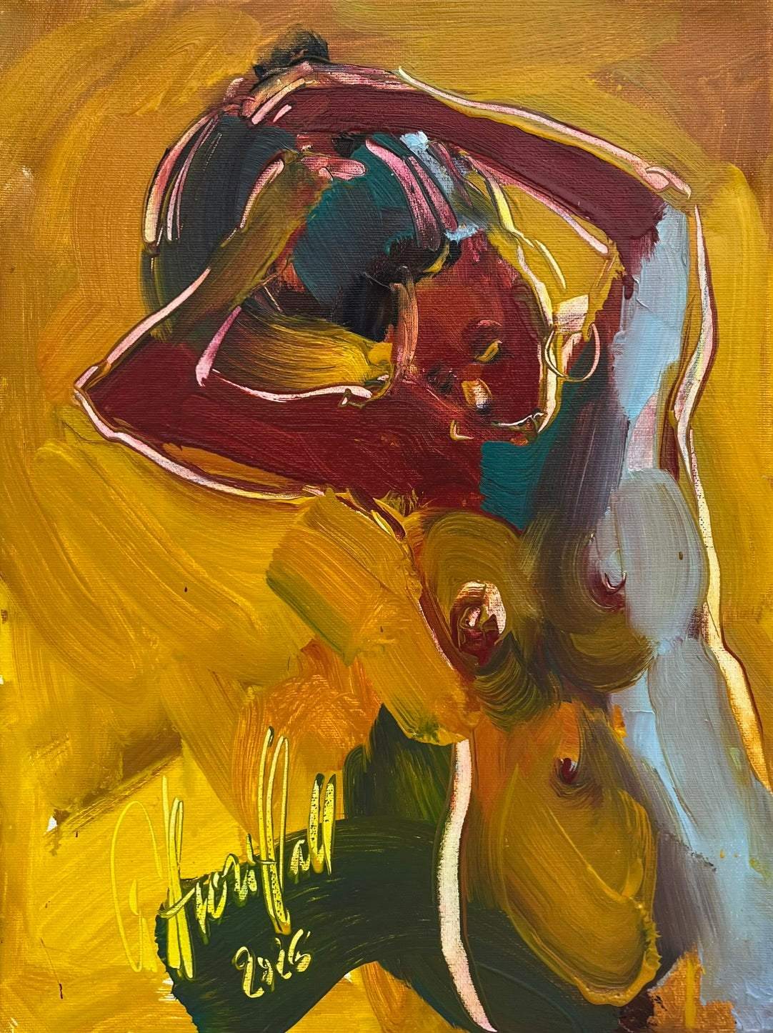Tableau figuratif portrait nu en acrylique sur toile, tons jaune et vert, petit format 30x40 cm, Olena Siniuhina