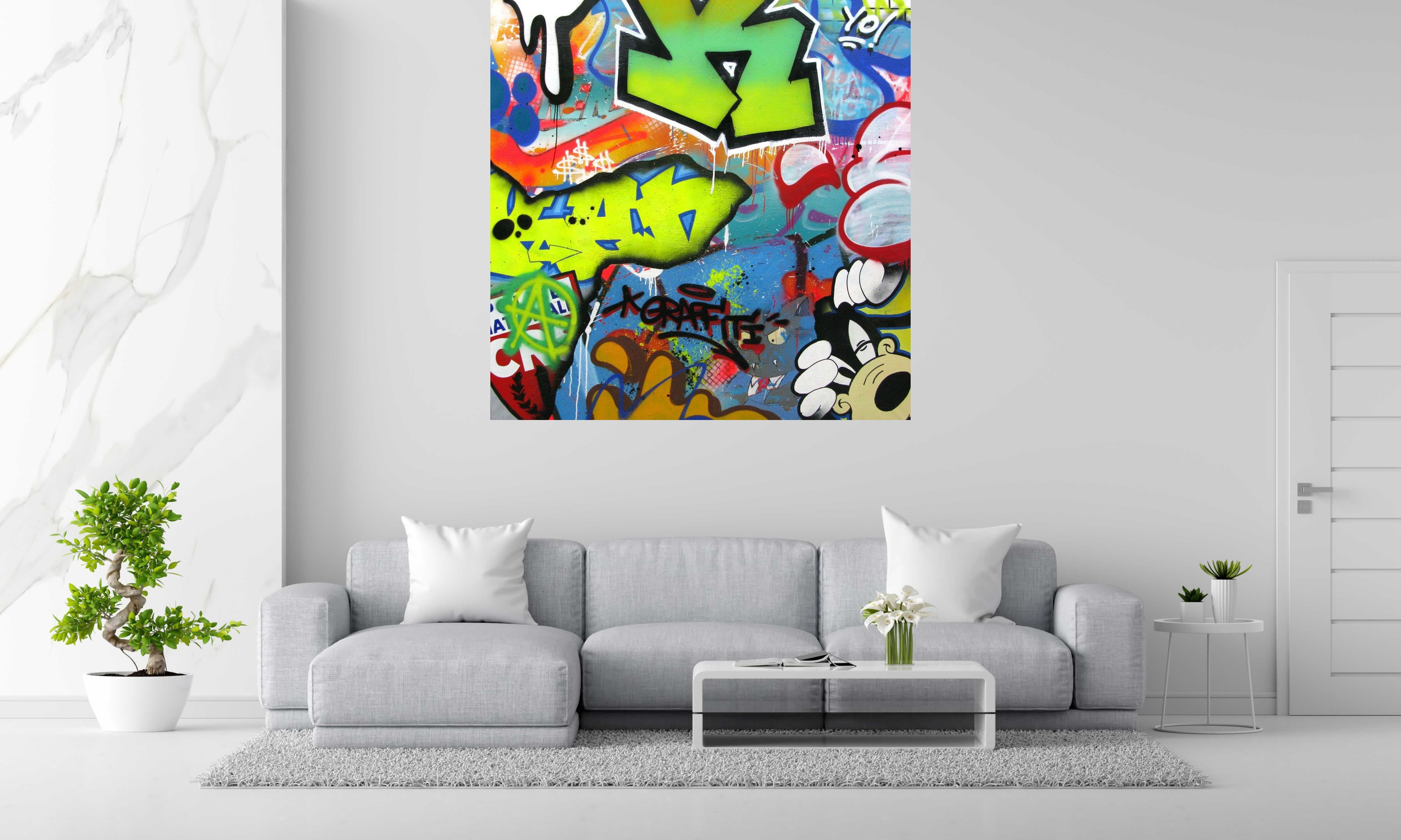 Tableau MONEY MONEY de KENY dans un intérieur – 150 × 150 cm